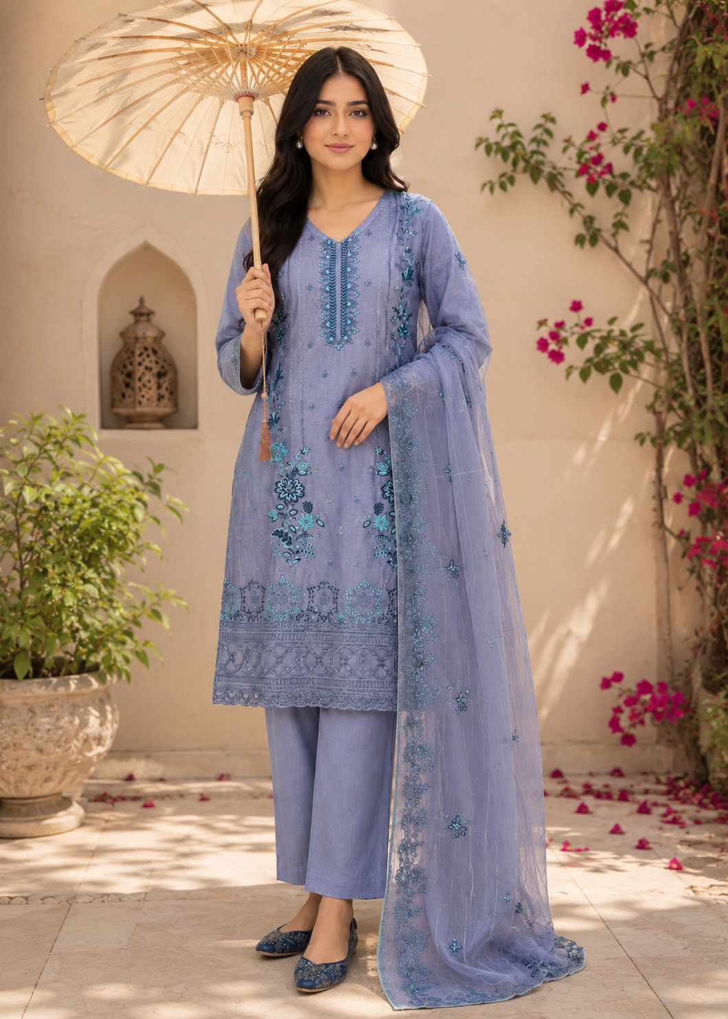 cotton Kurta Set in Duck egg grey
