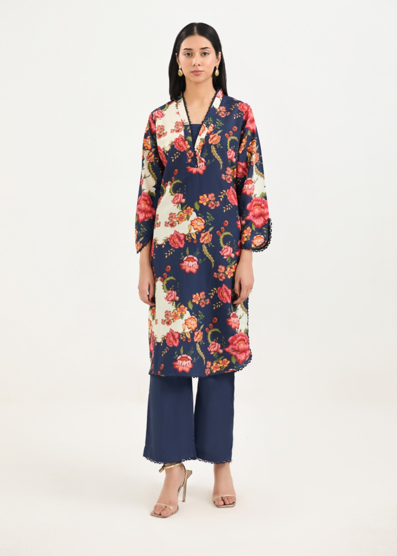 silk finish lawn Kurta Set in Navy blue