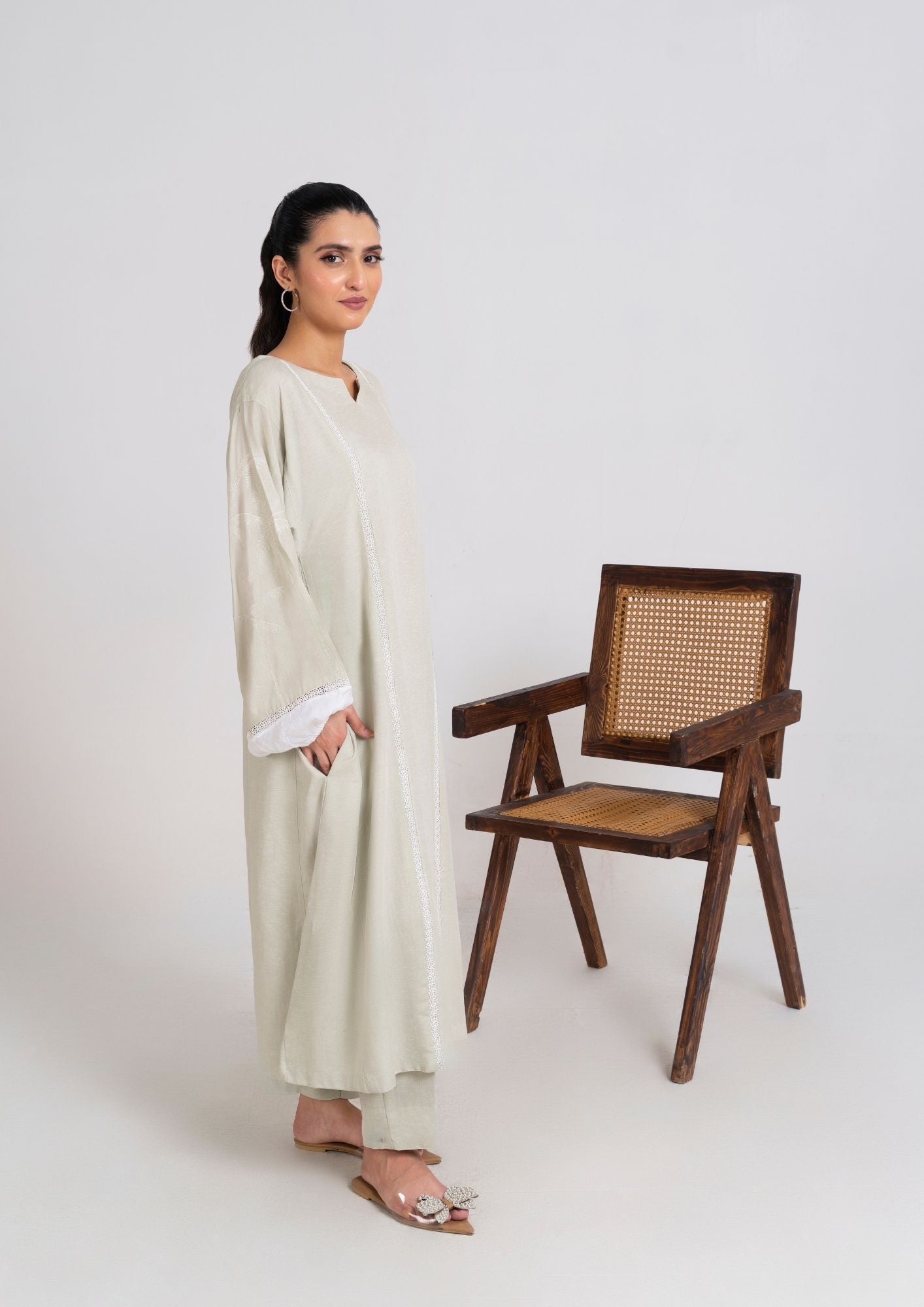 silk karandi Kurta Set in Sage green