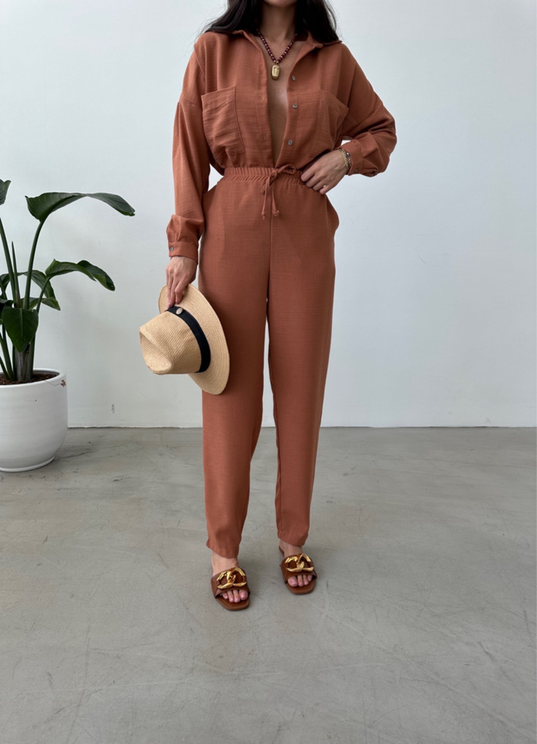 blended linen Co Ord Sets in Chocolate brown