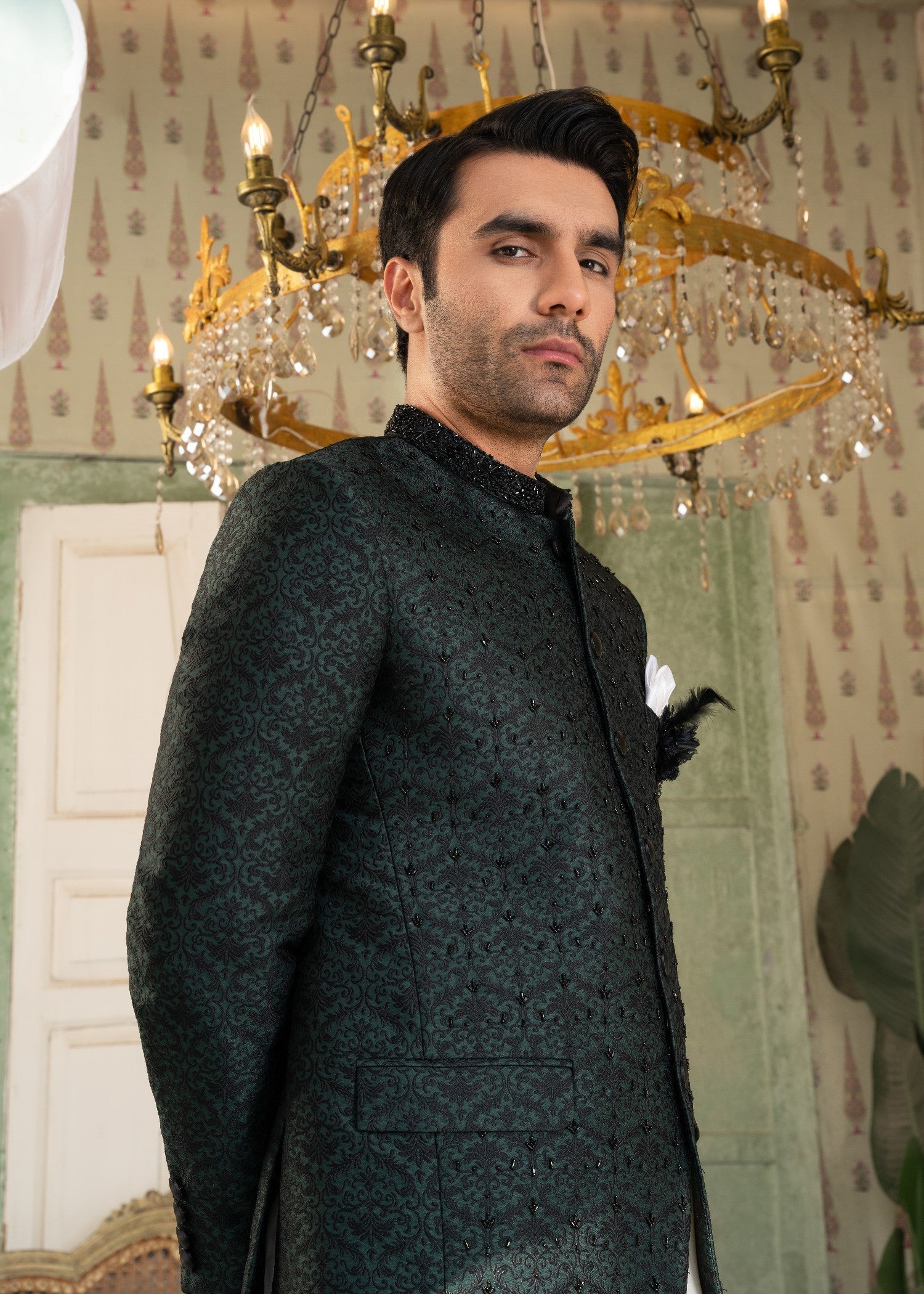 jamawar Prince Coat in Bottle green