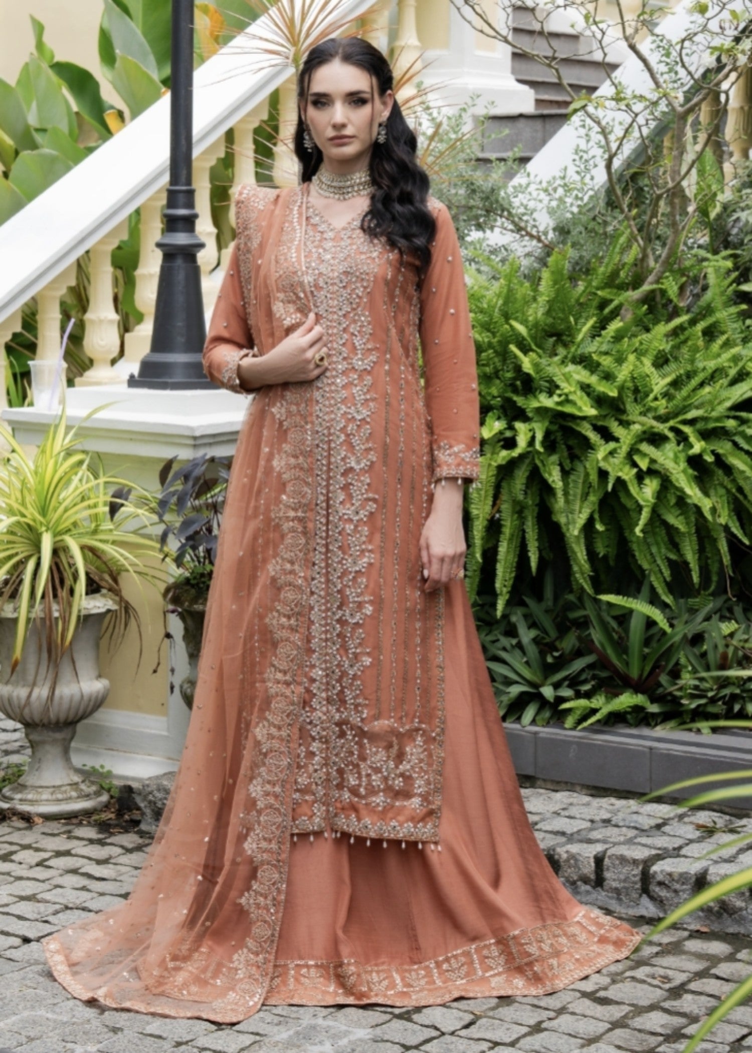 net Lehenga in Coral orange