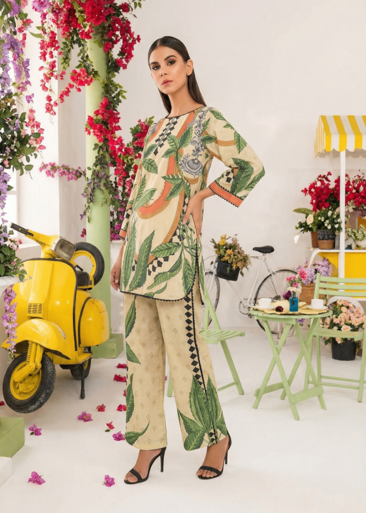 poly silk Co Ord Sets in Green, cream
