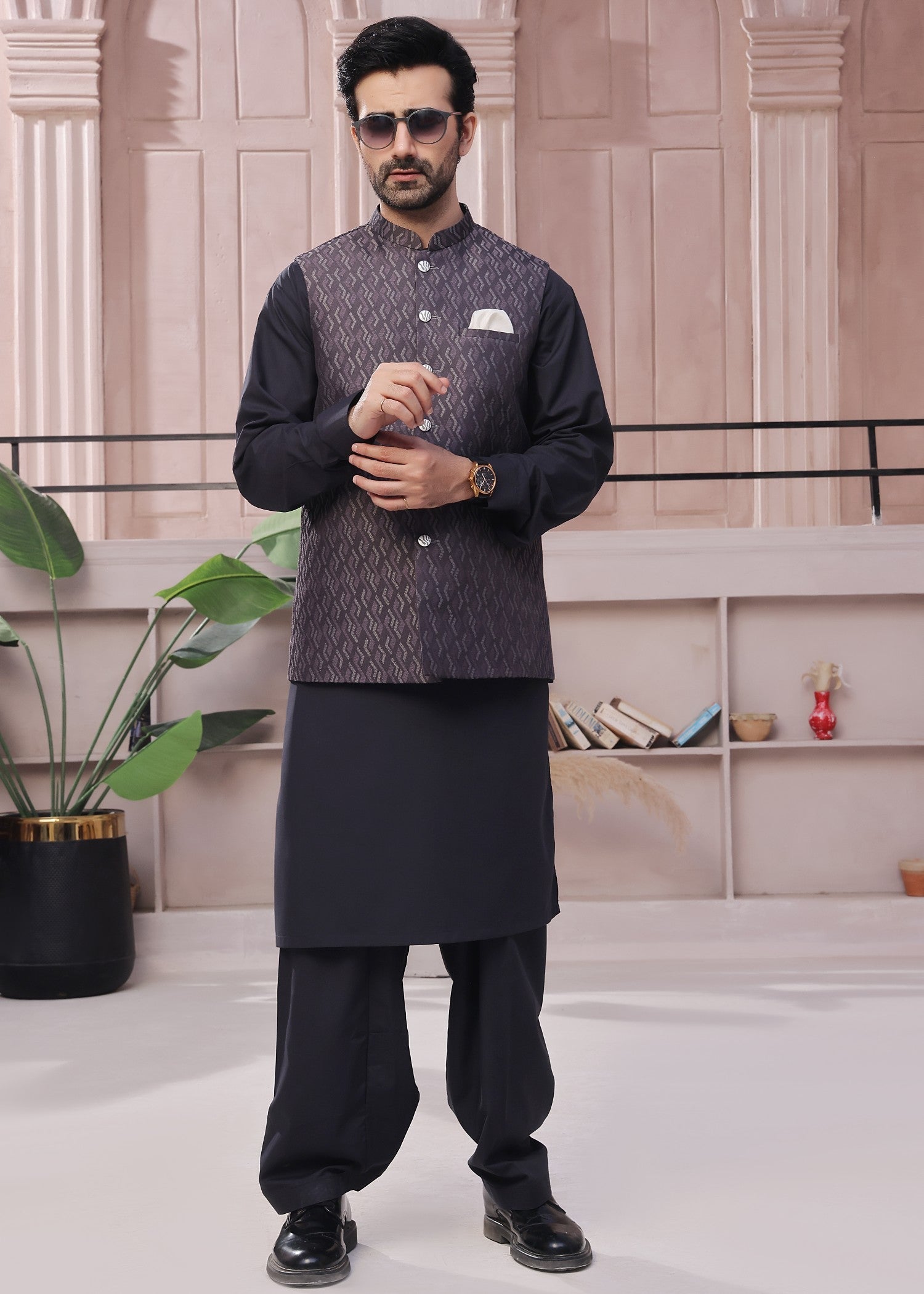 jamawar Waistcoat in Charcoal