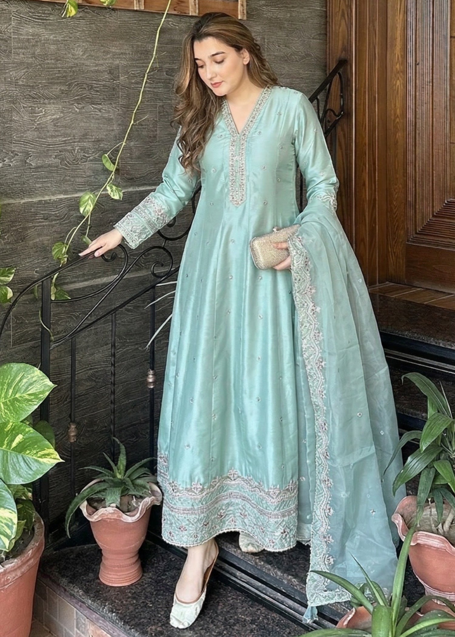 silk Pishwas in Pastel green