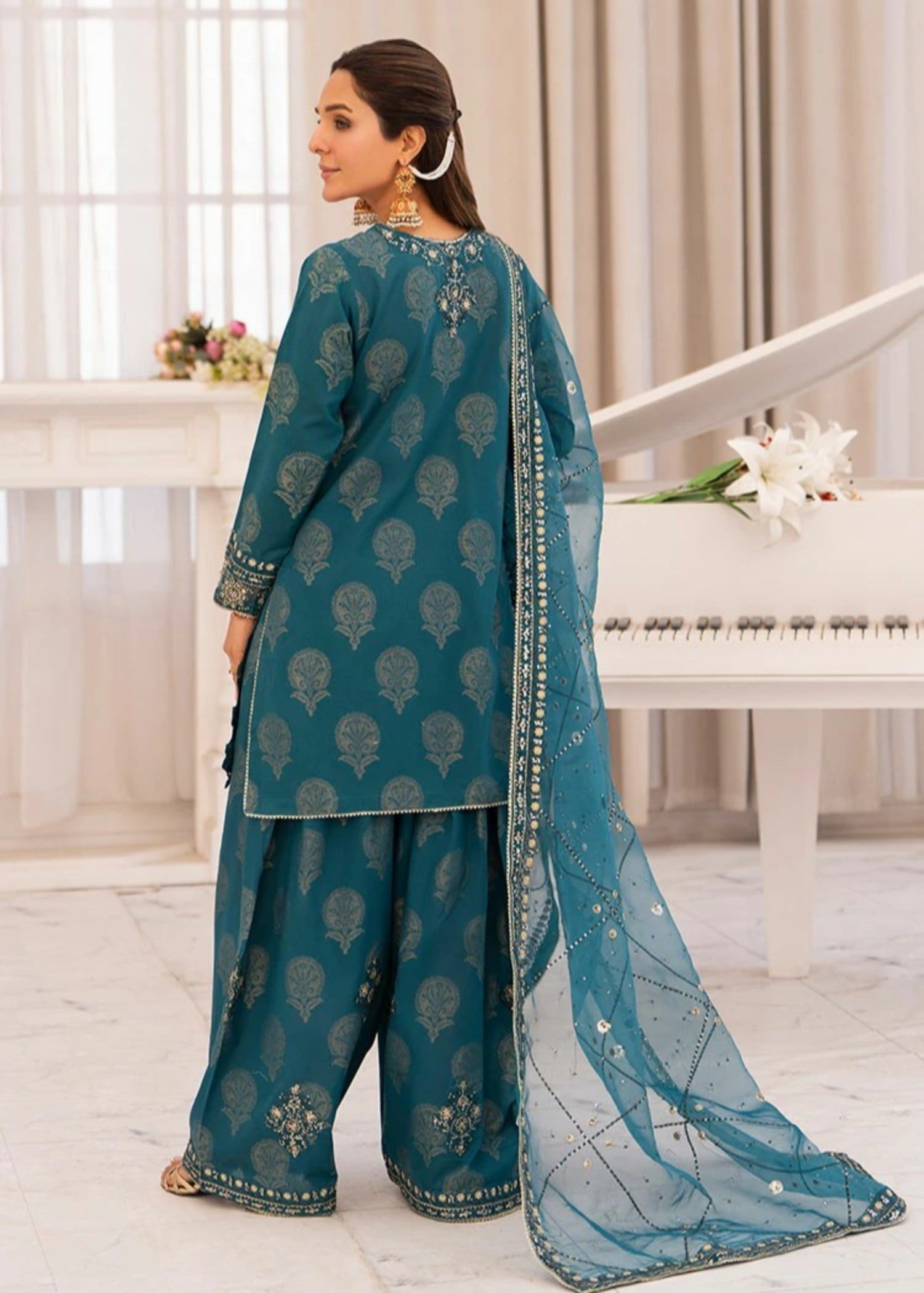 jacquard Kurta Set in Teal
