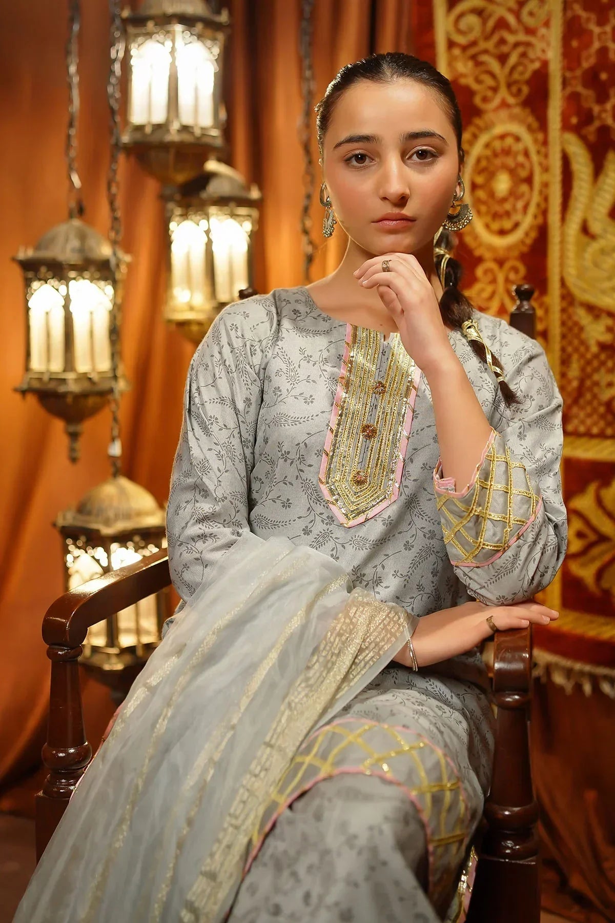 jacquard Kurta Set in Ash grey