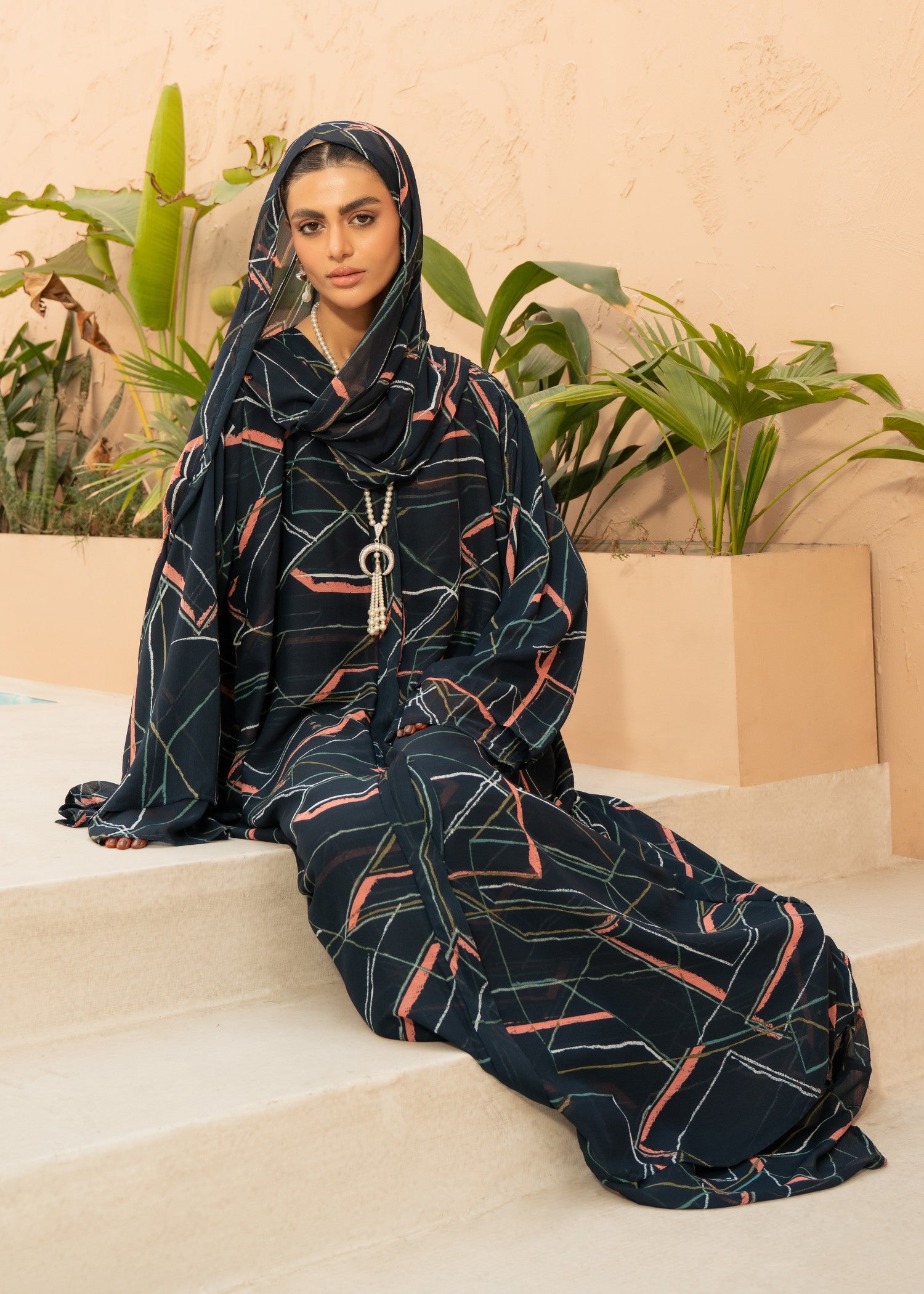 chiffon Abaya in Multi, midnight blue