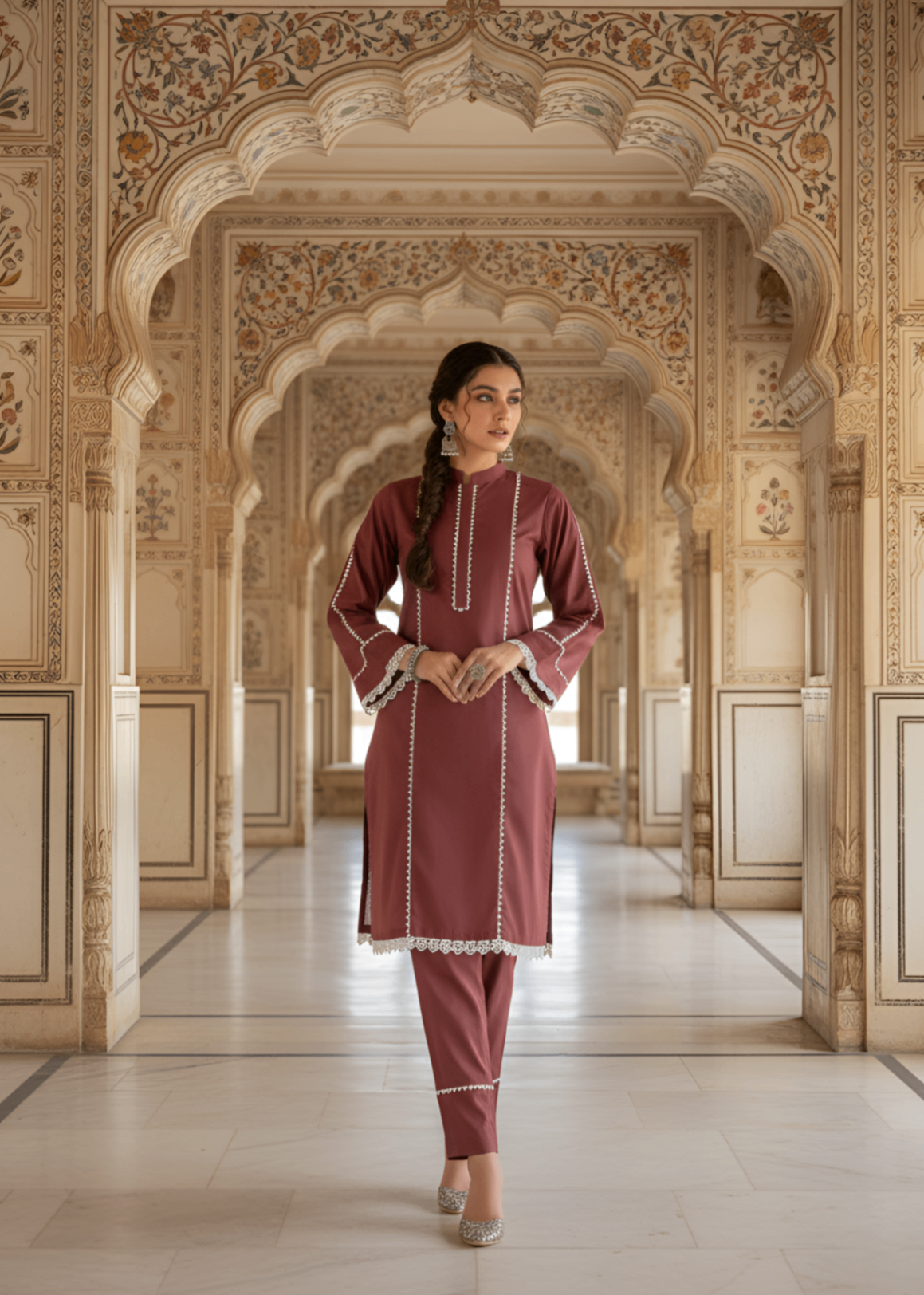 lawn cotton Kurta Set in Brown