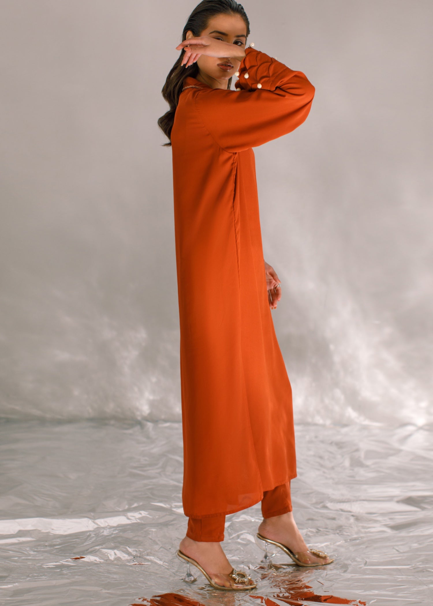 crepe georgette Kurta Set in Rust orange