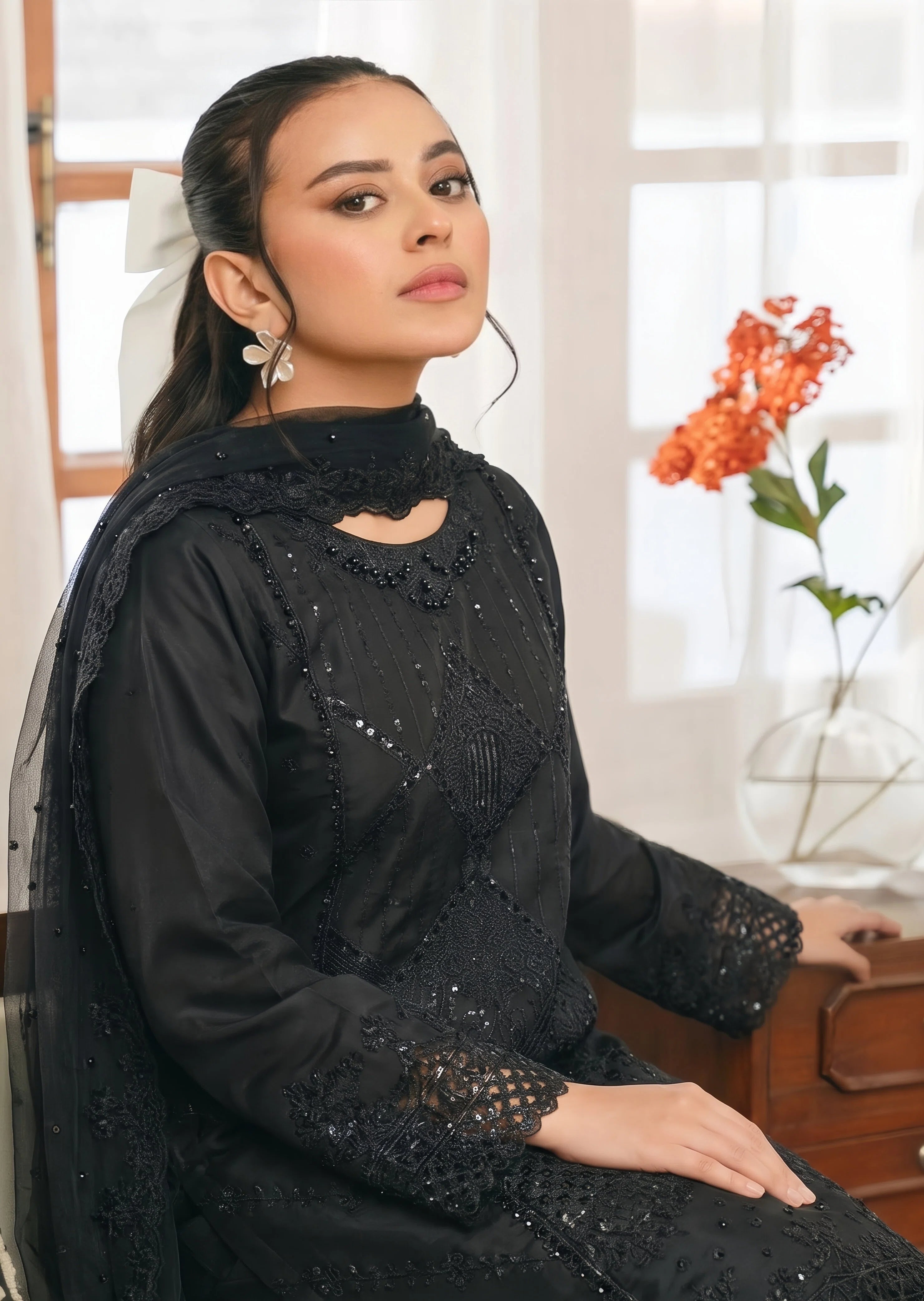 organza Kurta Set in Jet black