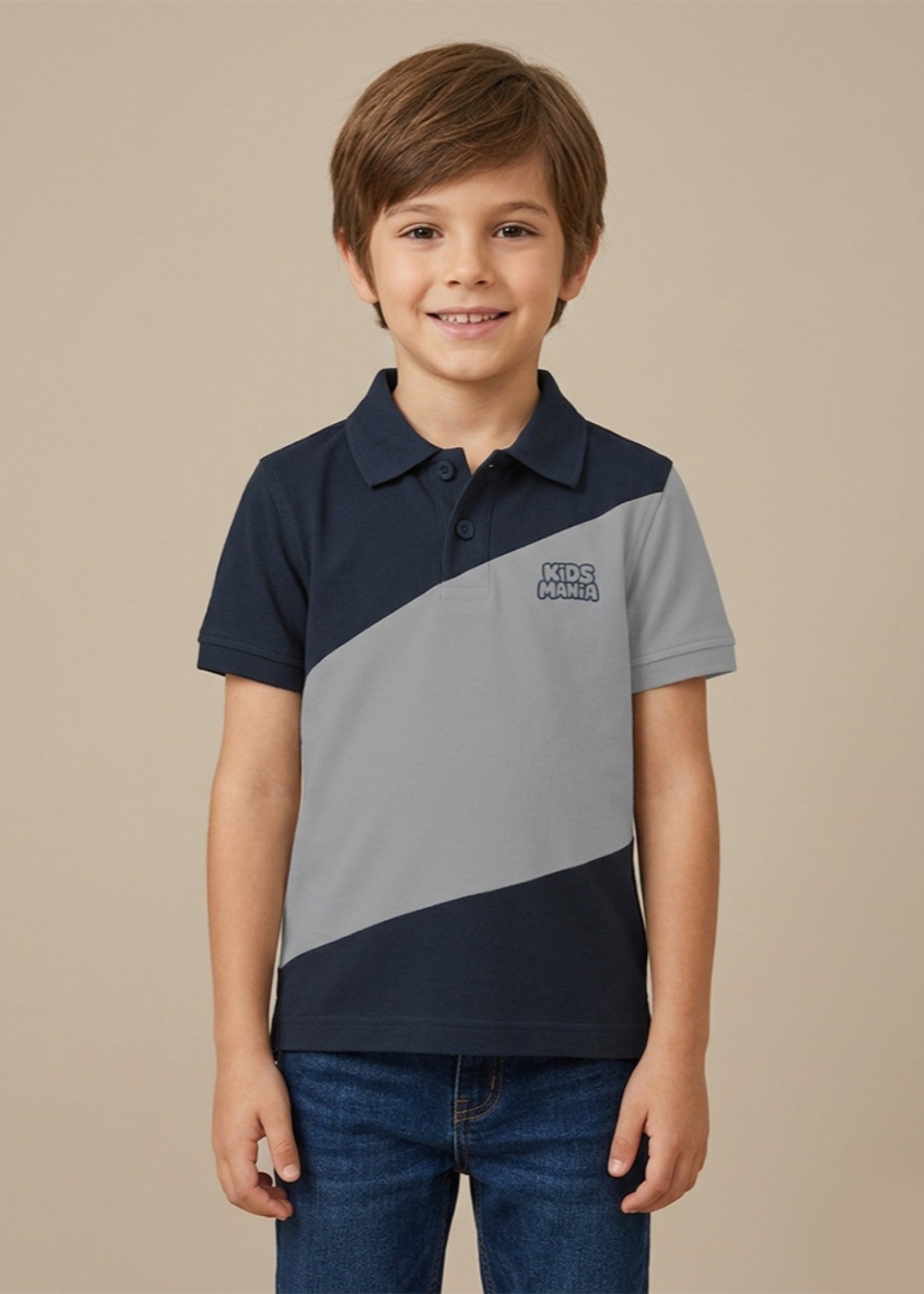 cotton Polo Shirt in Navy blue, light grey