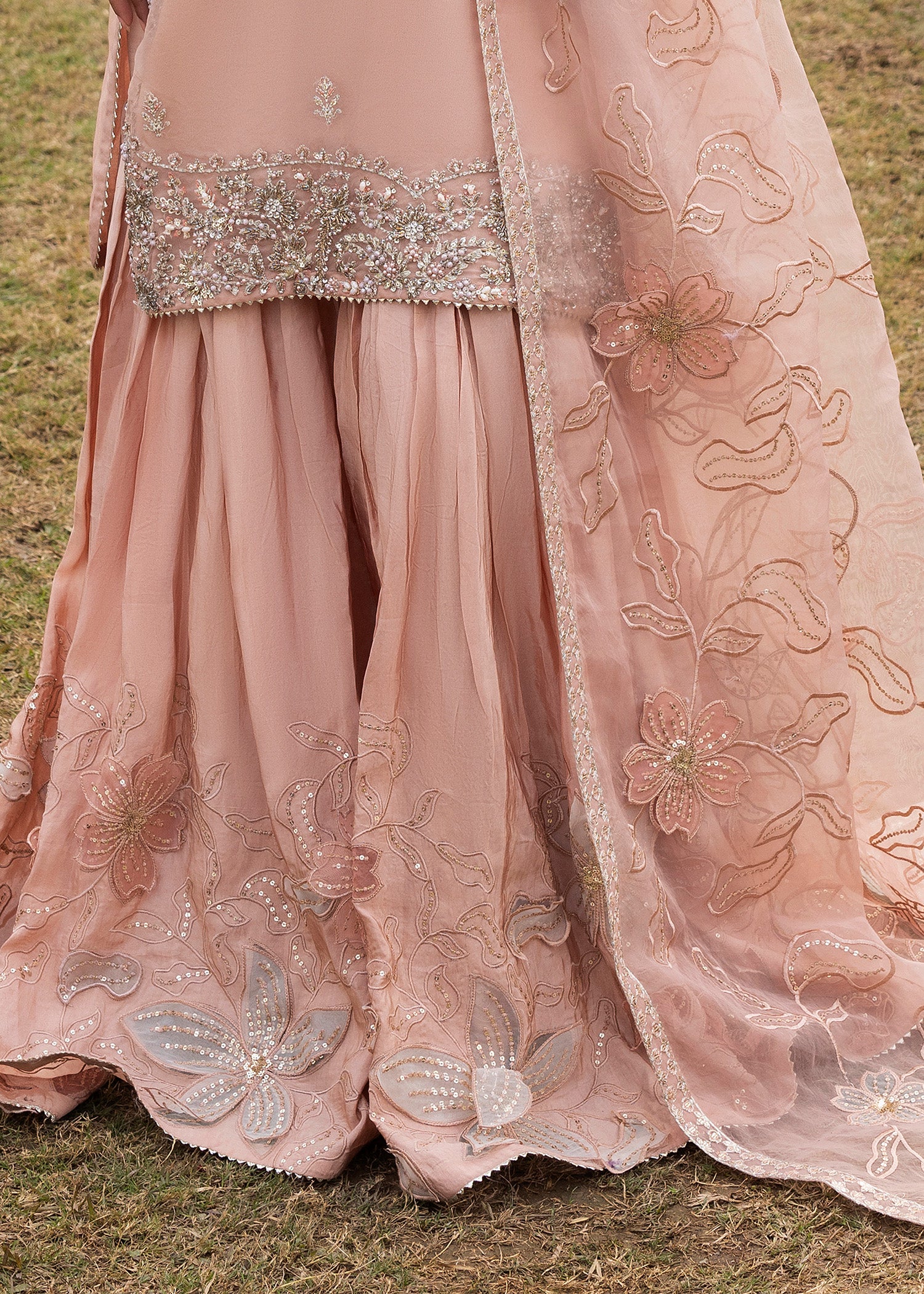 organza Gharara in Peach orange