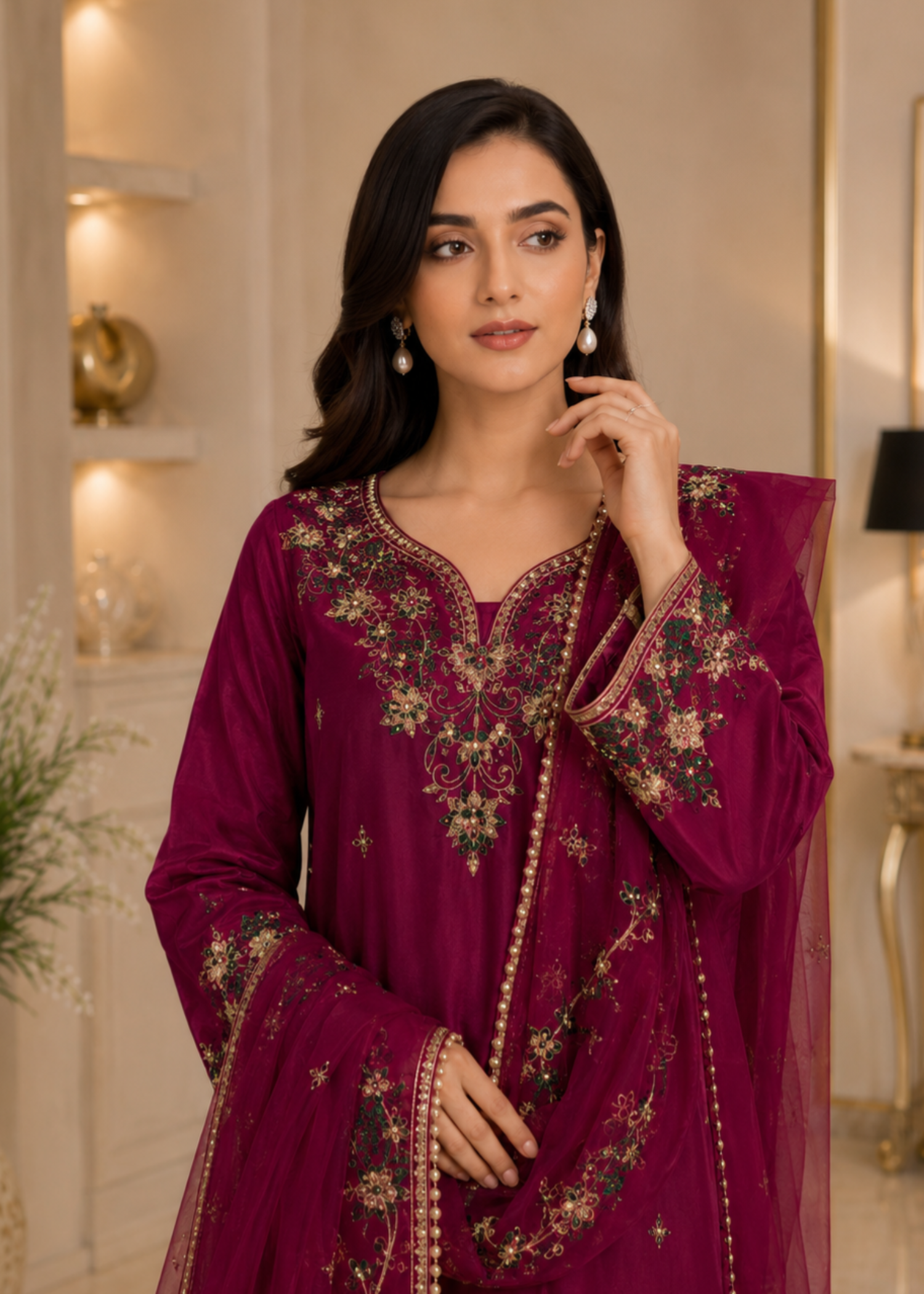 silk Kurta Set in Magenta haze