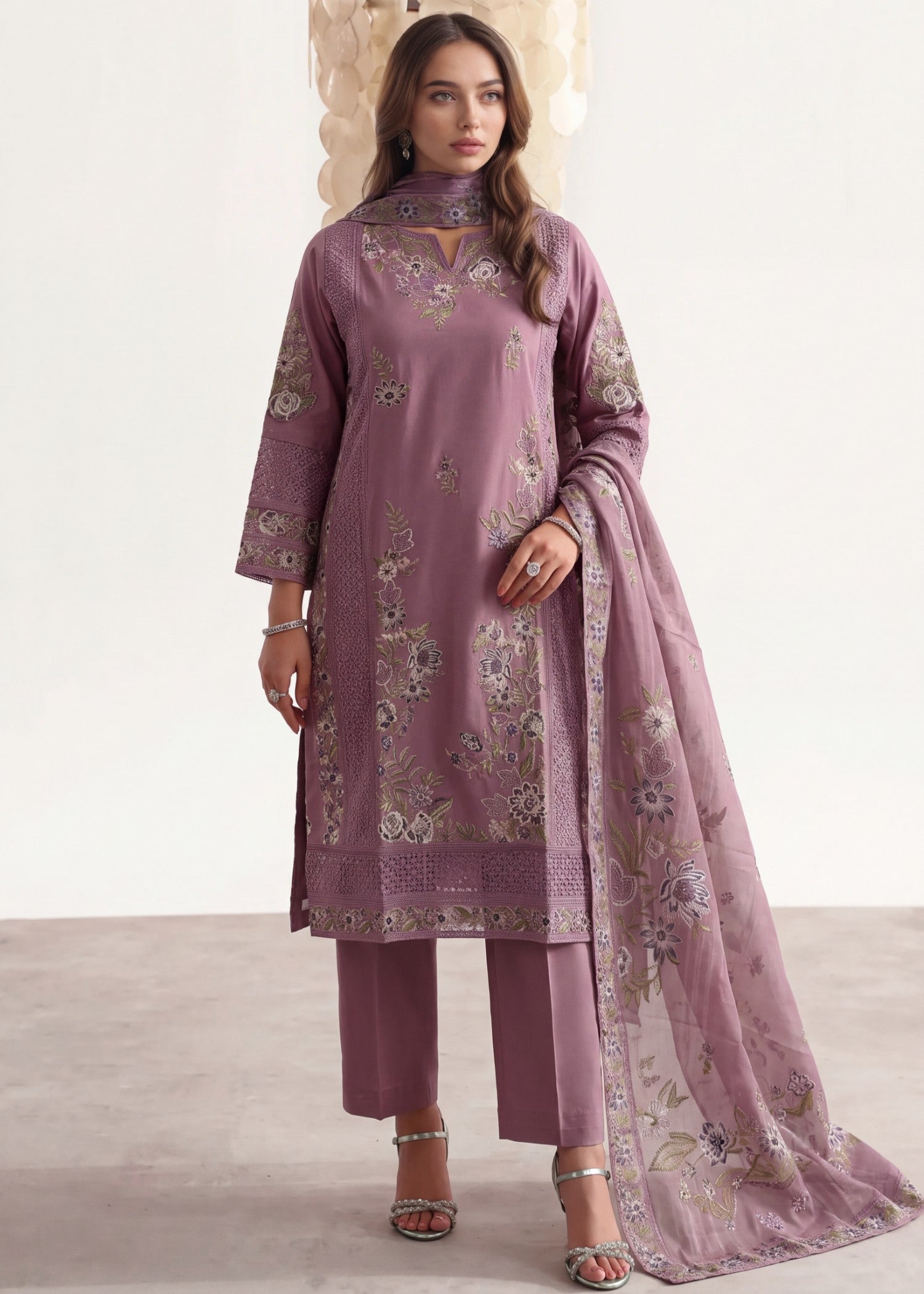 lawn cotton Kurta Set in Heathered lilac, lavender grey