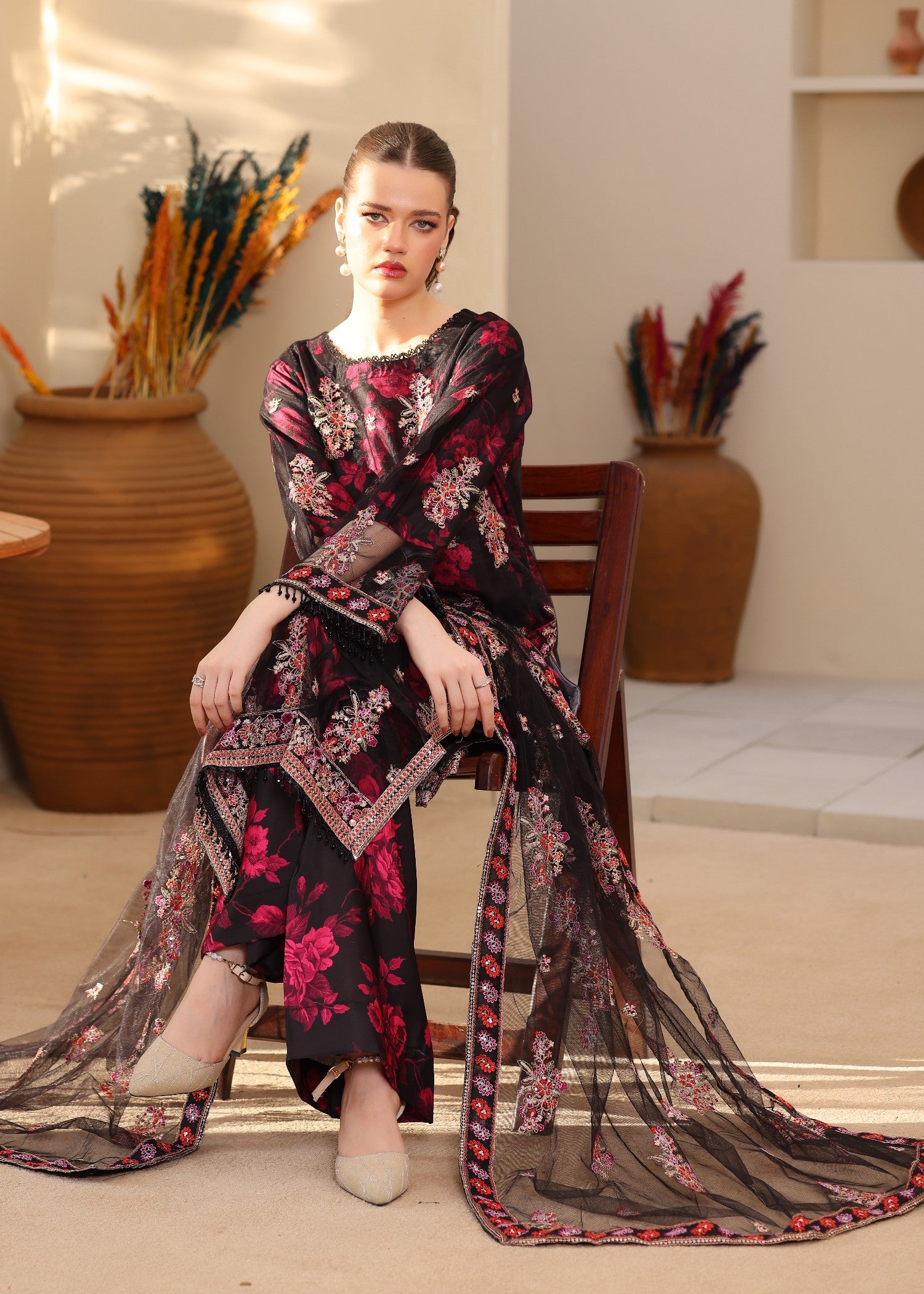 net Kurta Set in Black