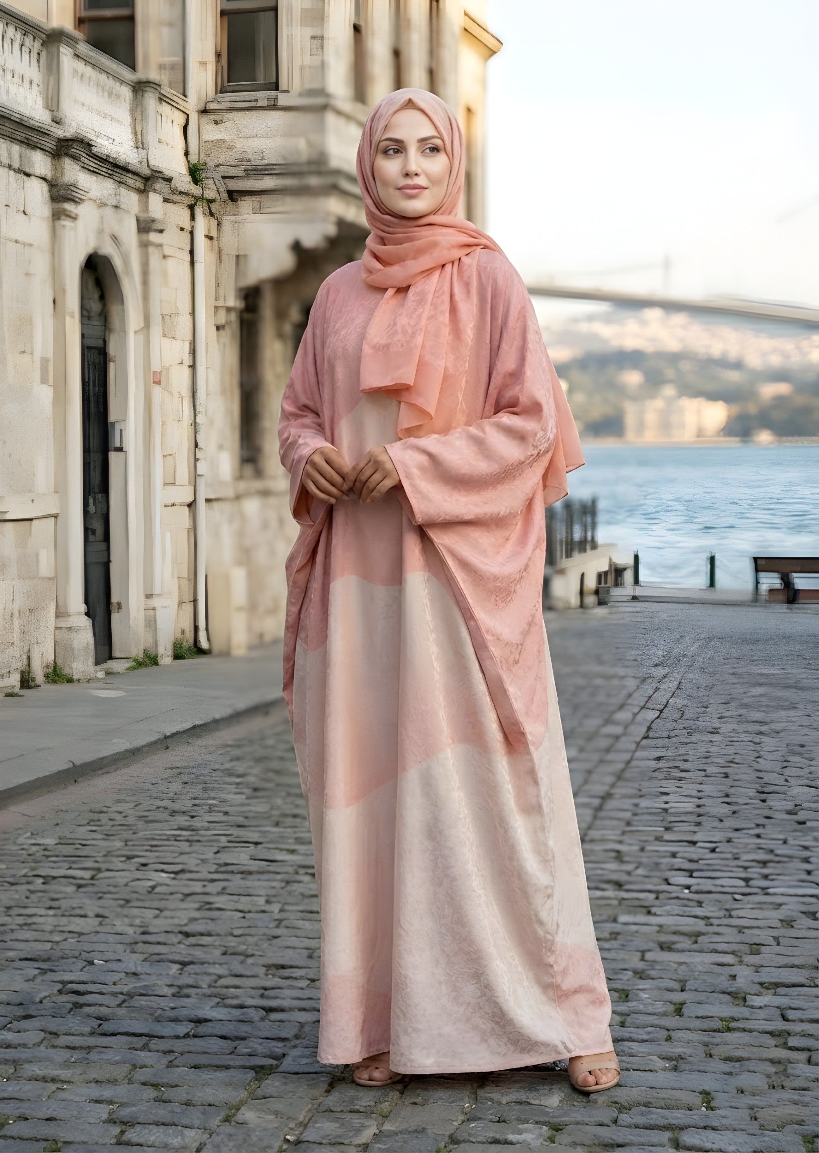 jacquard georgette Abaya in Peach pink
