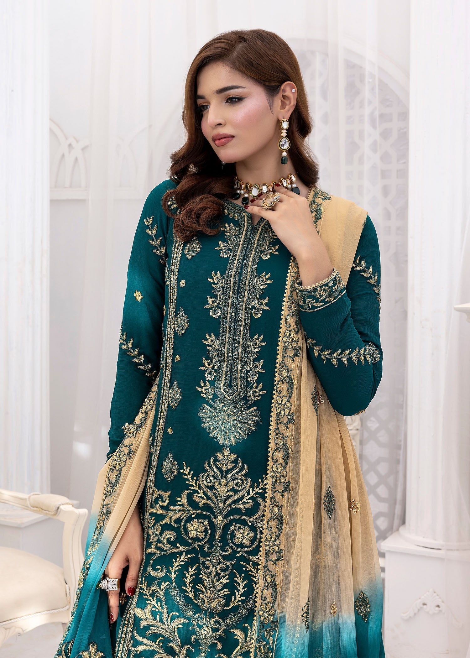 chiffon Kurta Set in Emerald green