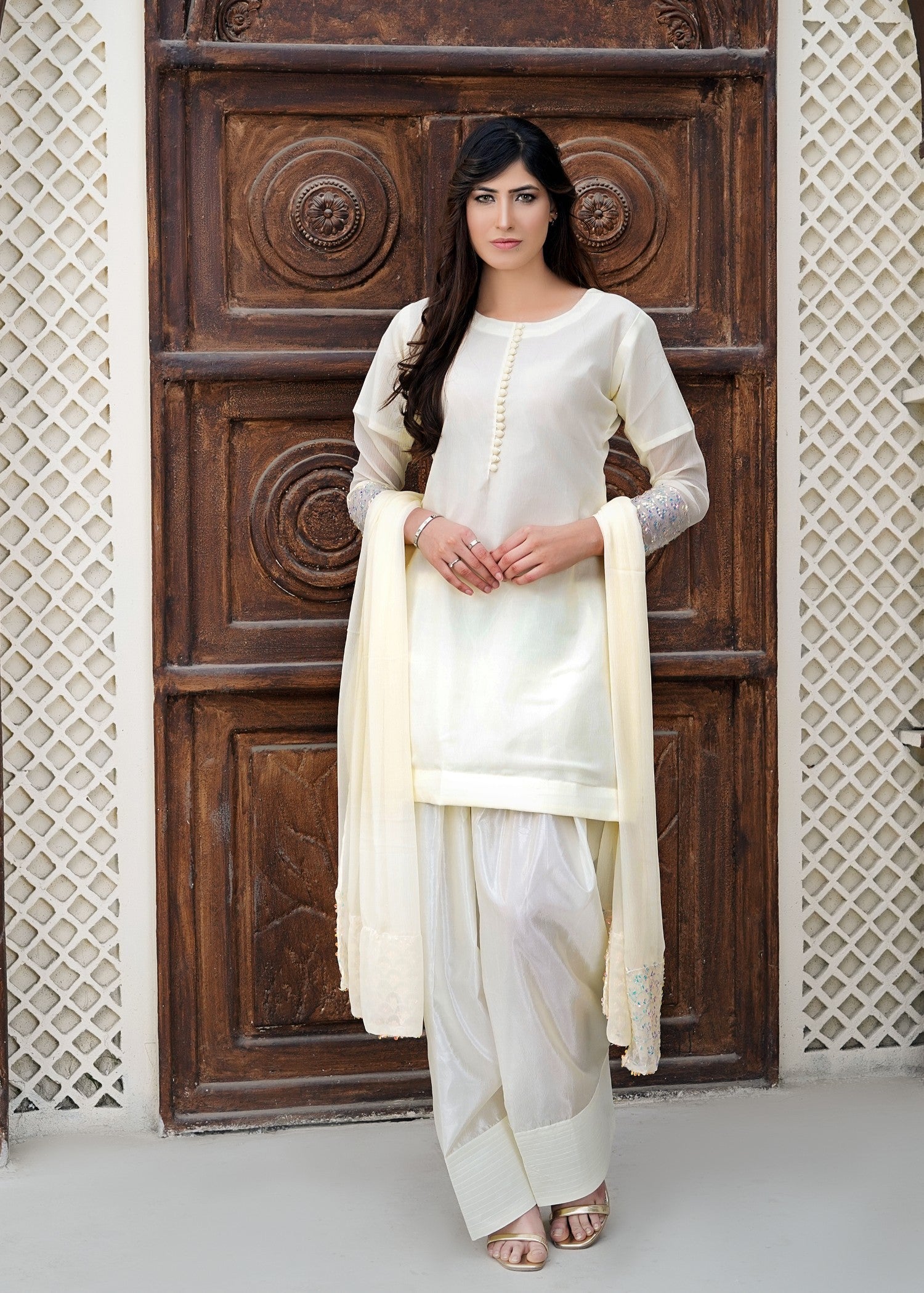 chiffon Kurta Set in Off-white