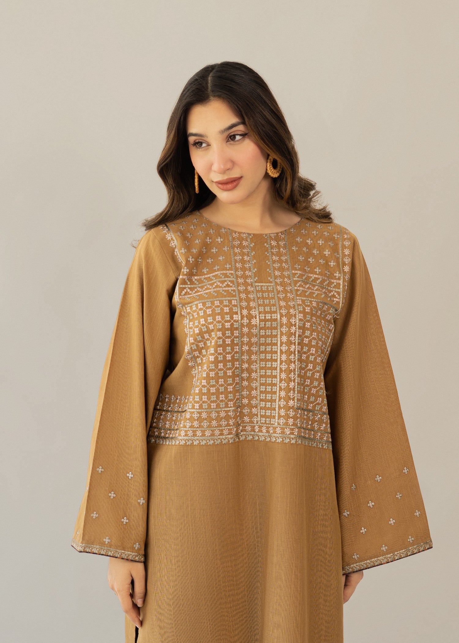 khaddar Kurta Set in Charcoal black, camel brown