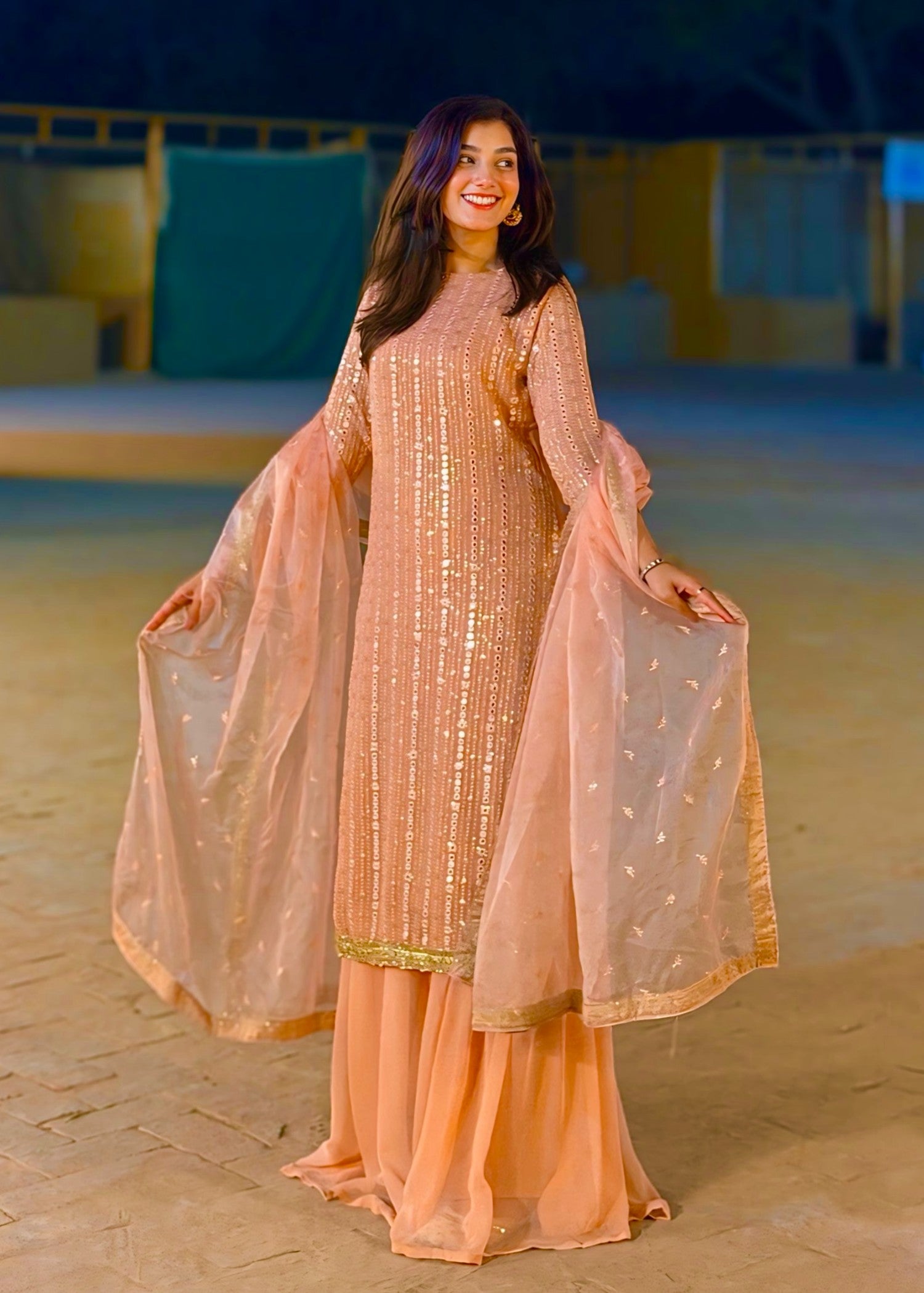 bemberg crinkle chiffon Sharara in Peach pink