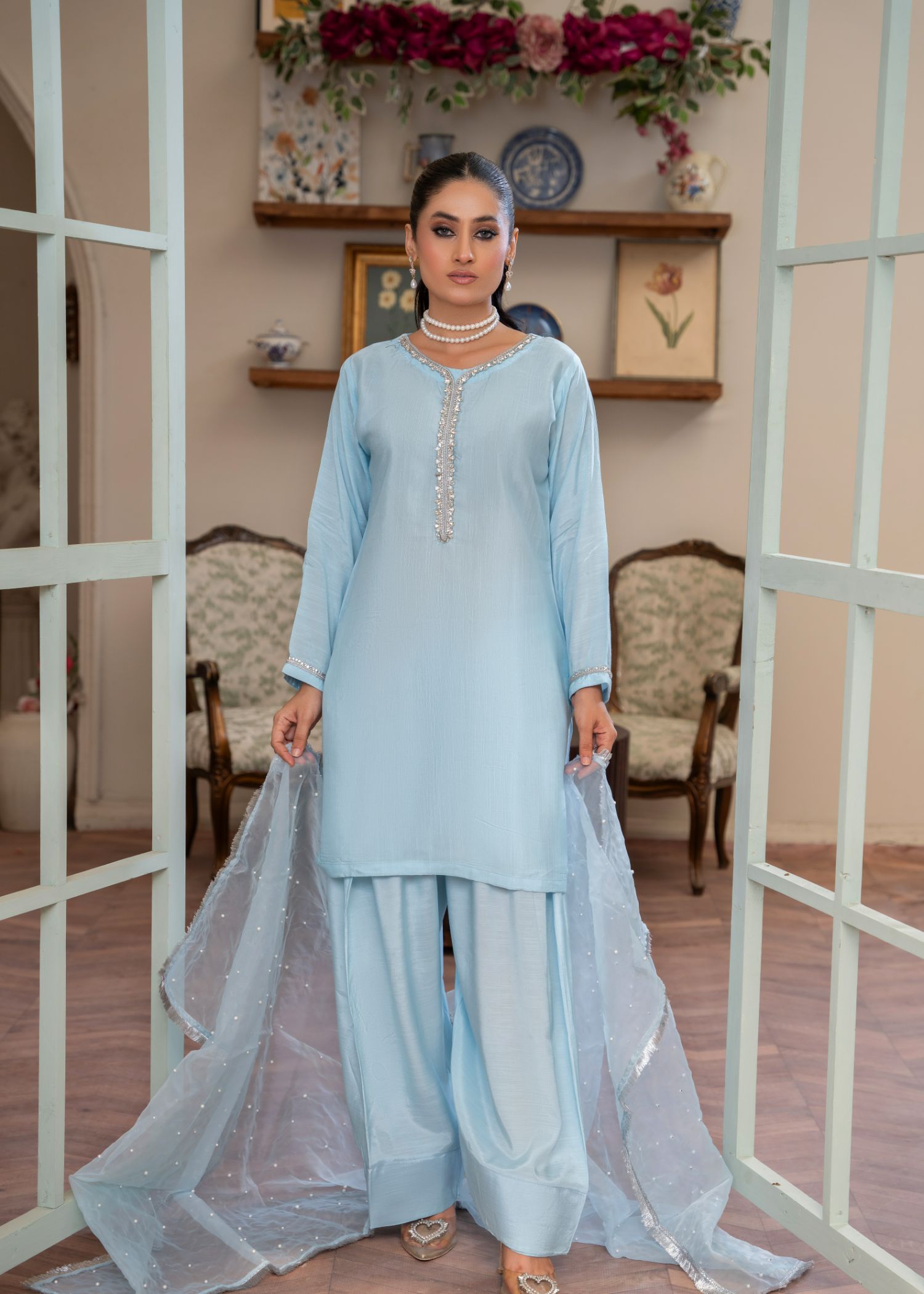 viscose thai silk Kurta Set in Ice blue