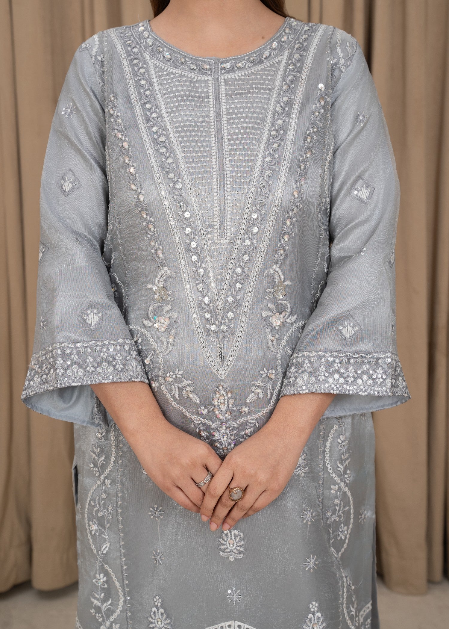 organza Kurta Set in Pastel grey