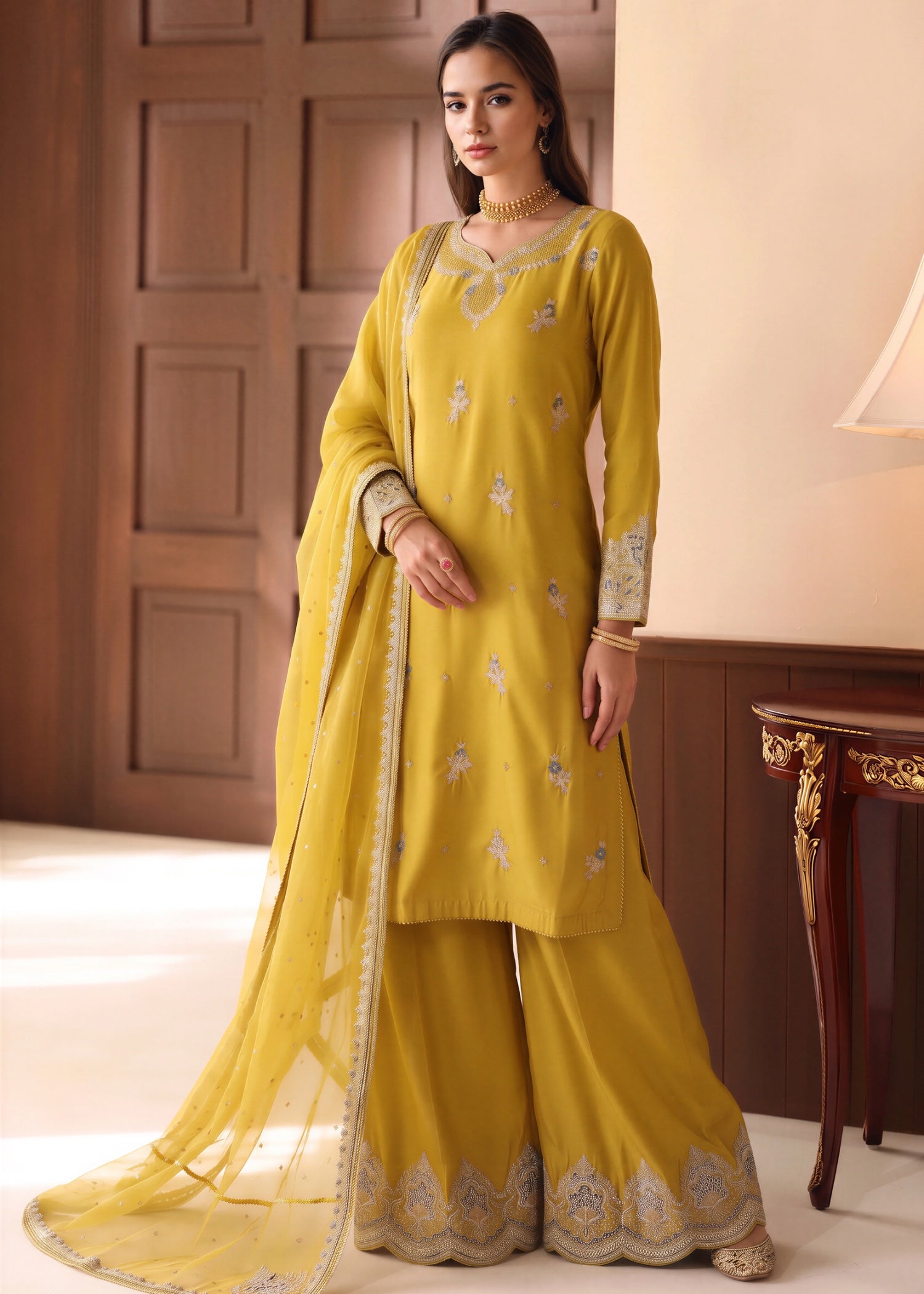 silk Kurta Set in Yellow green