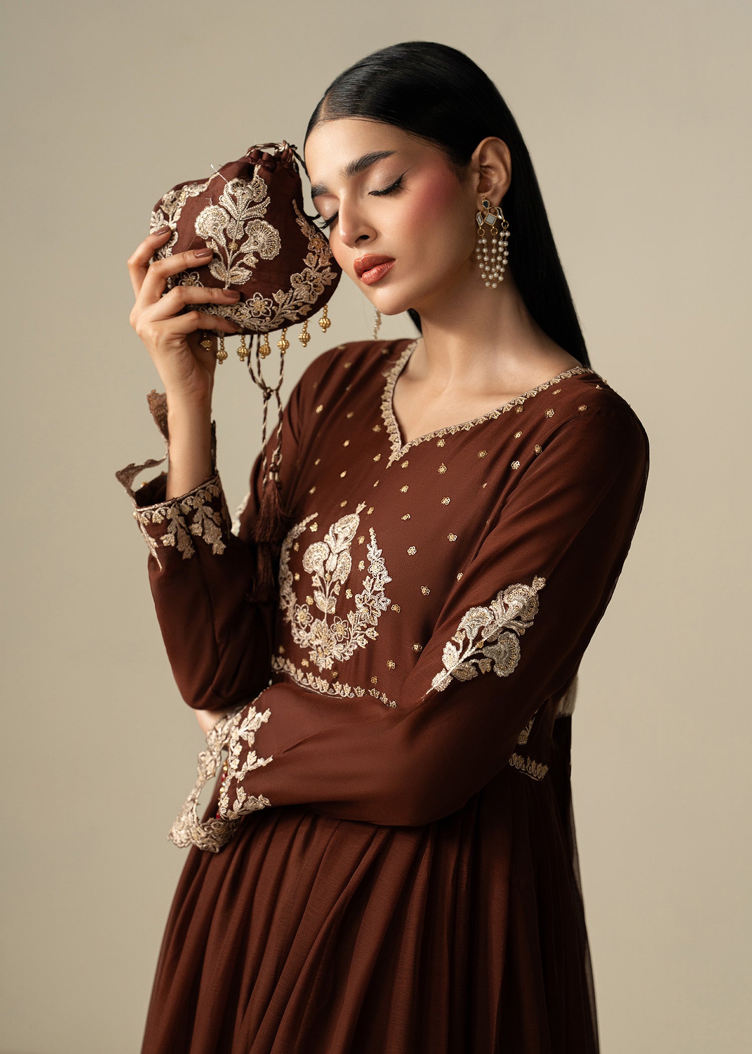 chiffon Pishwas in Brown