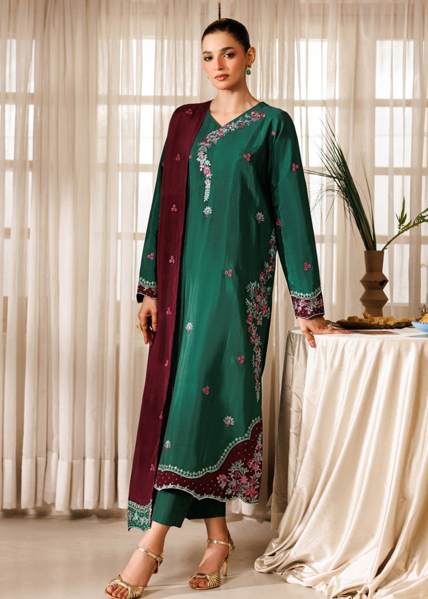 raw silk Pishwas in Green, plum