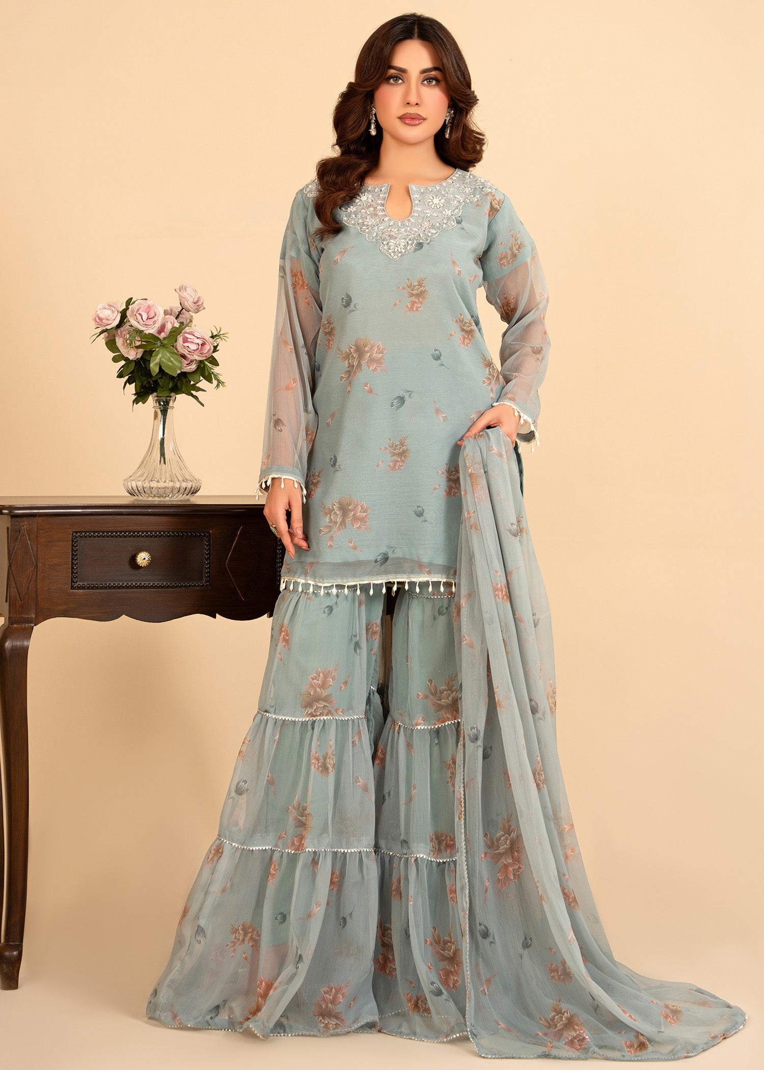 bemberg crinkle chiffon Gharara in Ice blue