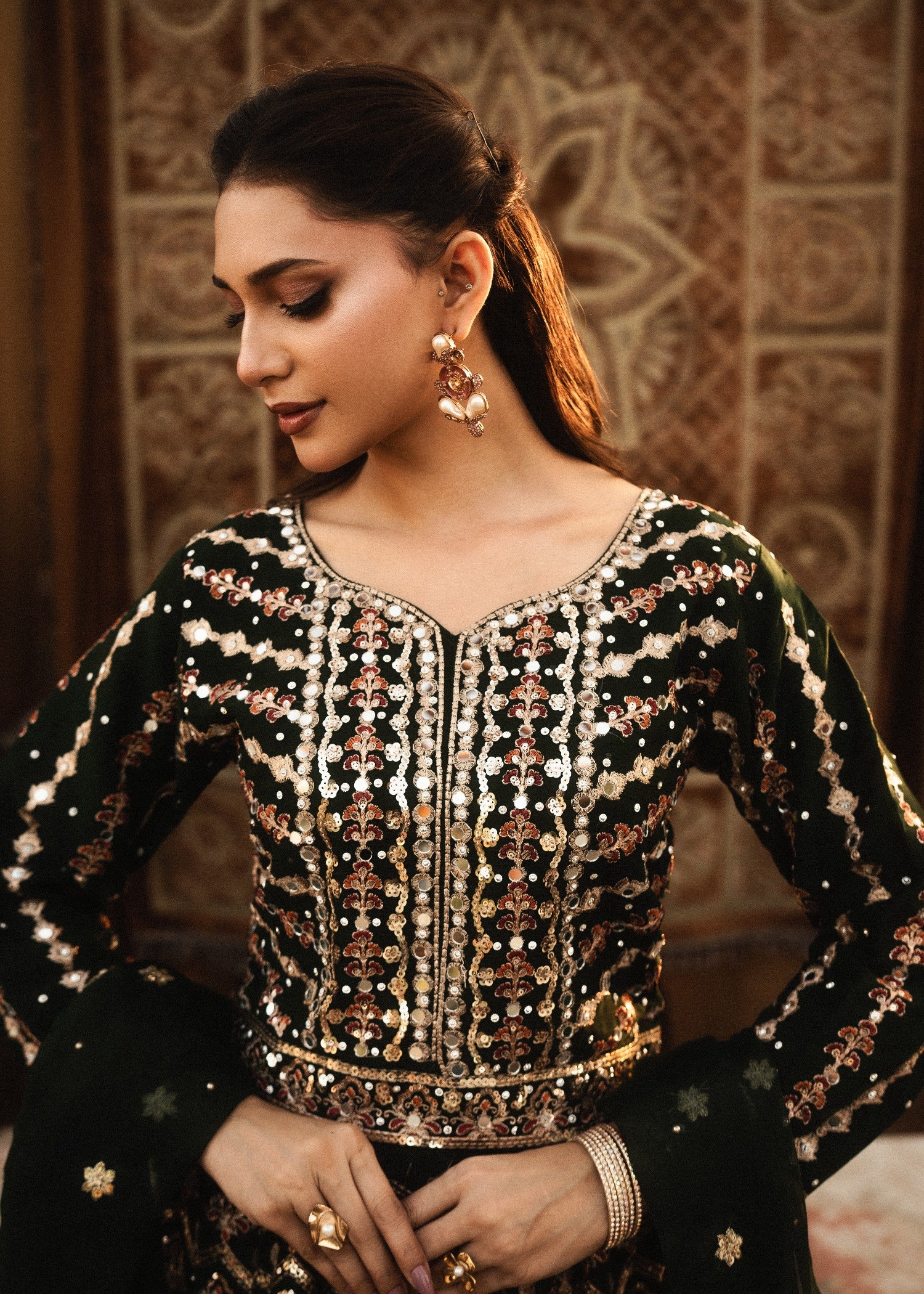pk chiffon Lehenga in Bottle green