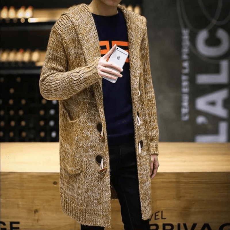 Men'S Hooded Mohair Loose Long Sweater Cardigan Fashion Pocket Knit Sweater Jacket