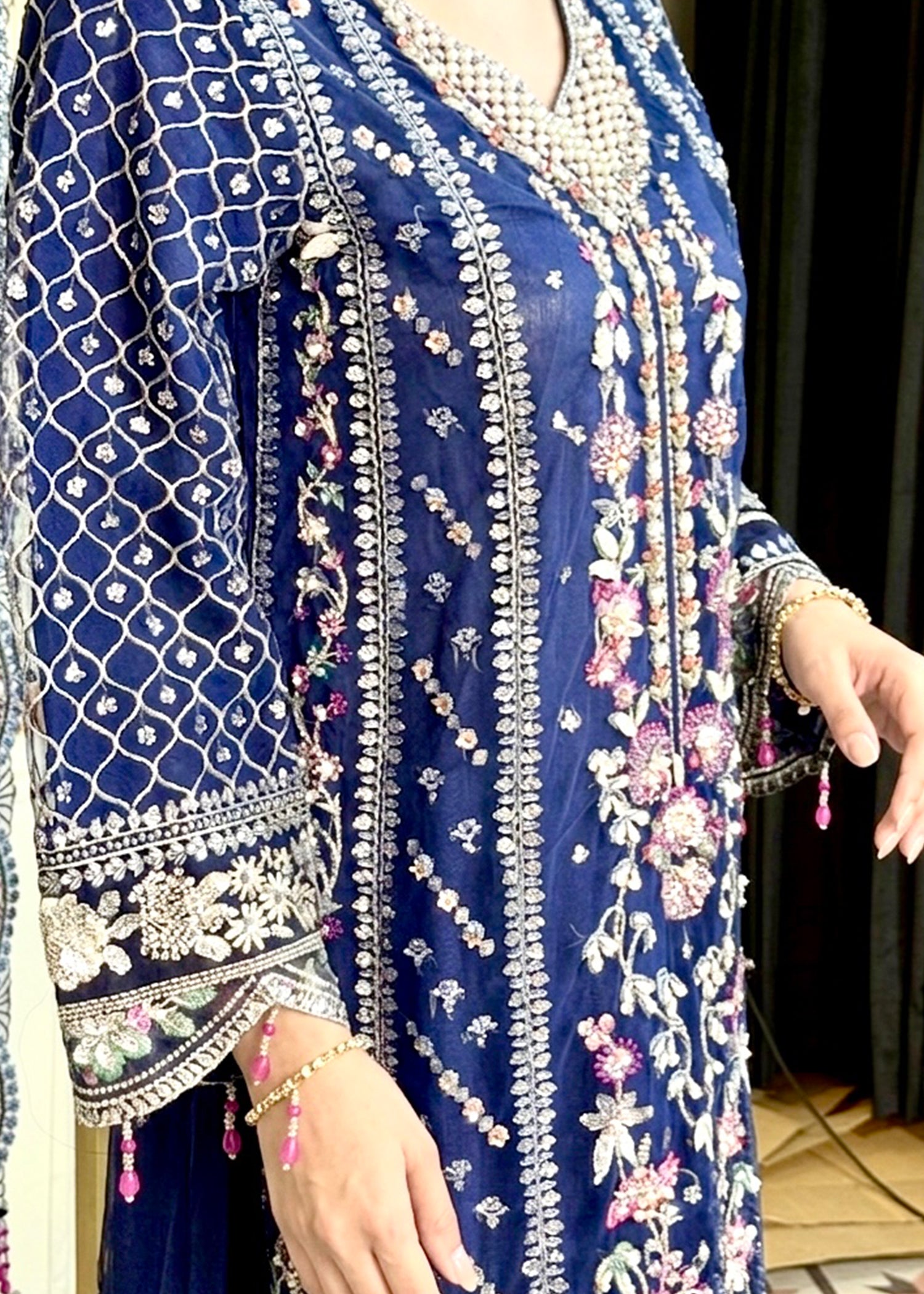 net Kurta Set in Blue