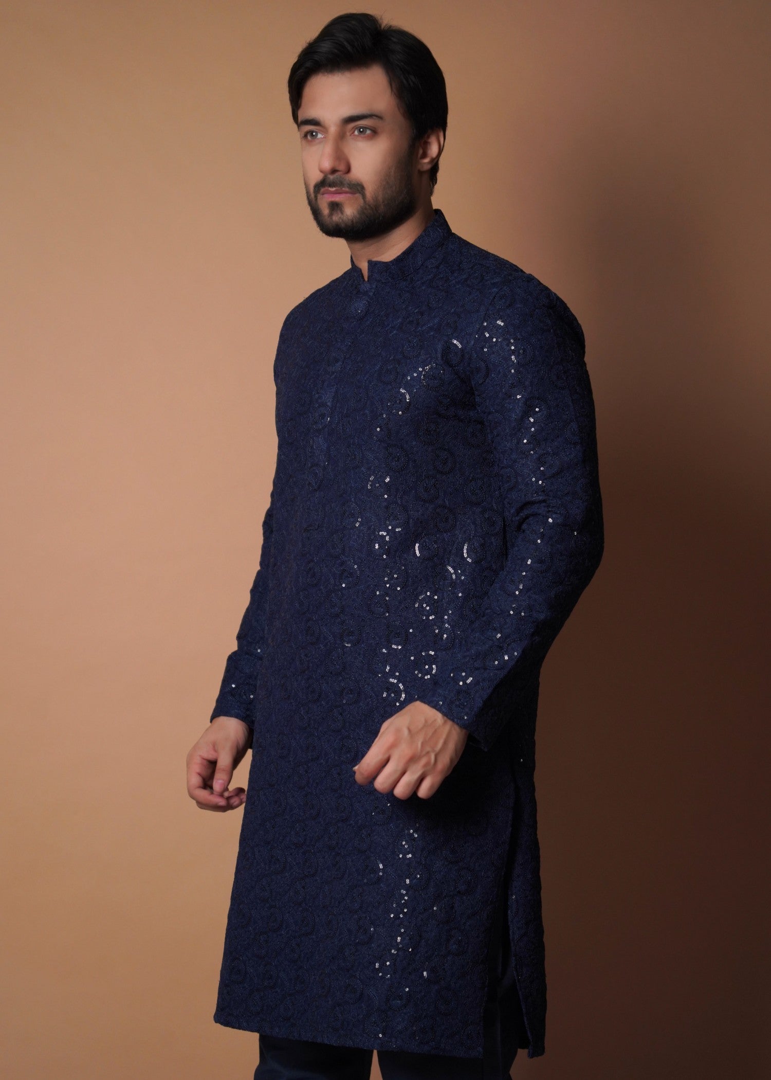 viscose raw silk Kurta Set in Navy blue