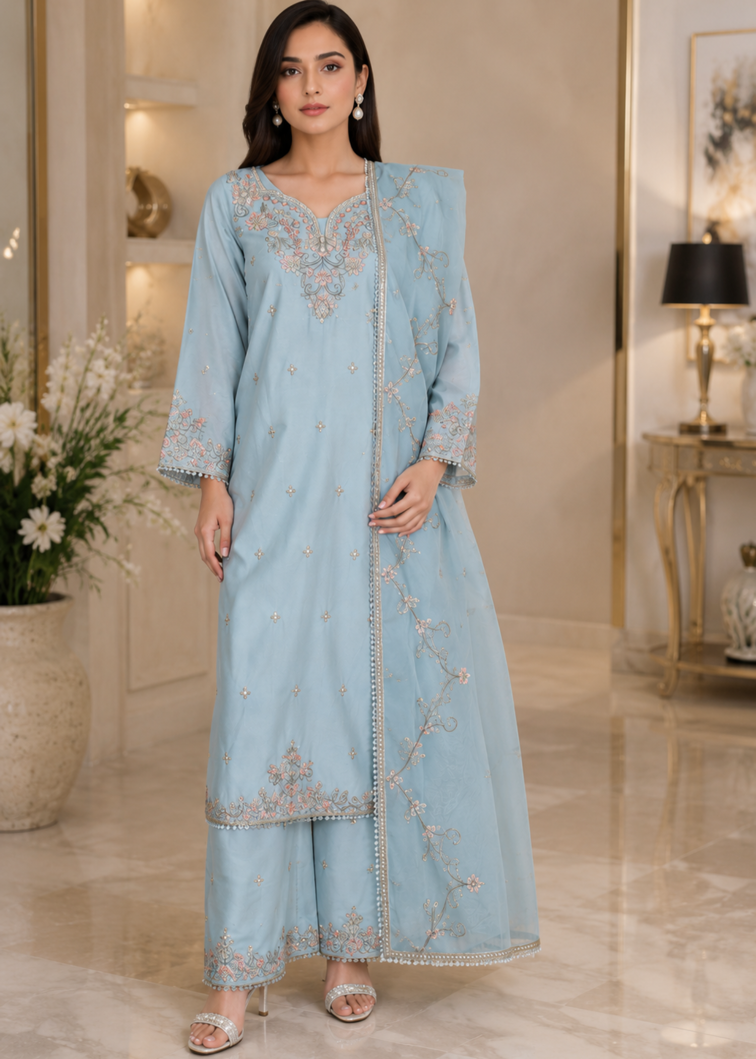 silk Kurta Set in Ice blue