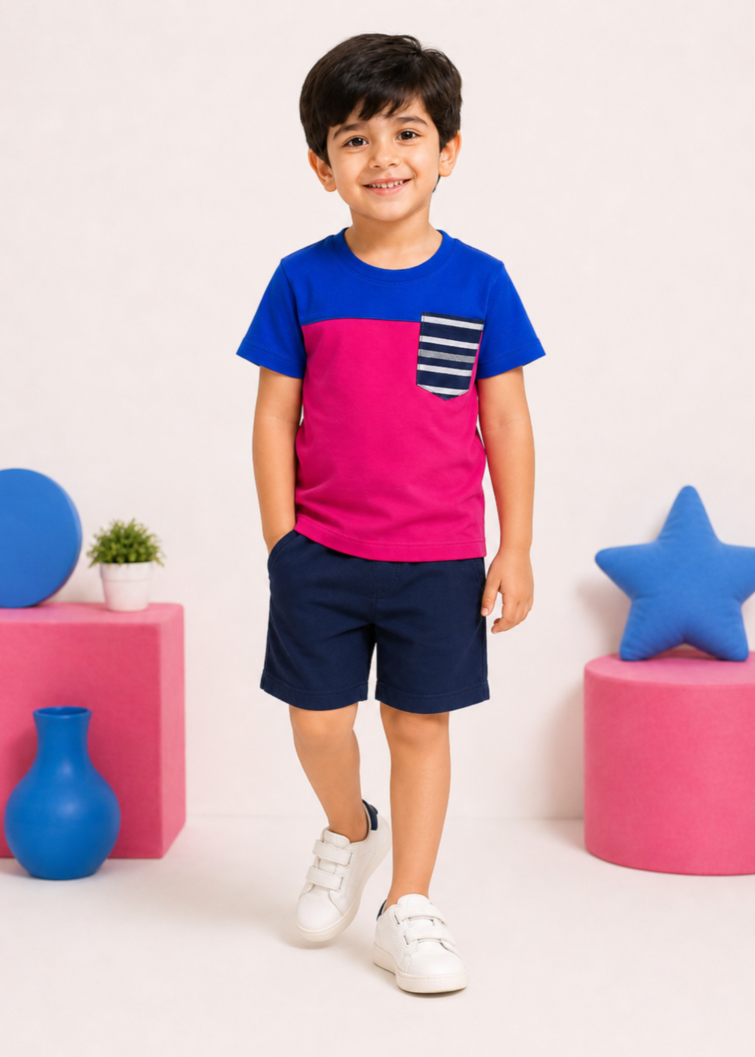 single jersey knit T Shirt in Royal blue, lollipop pink