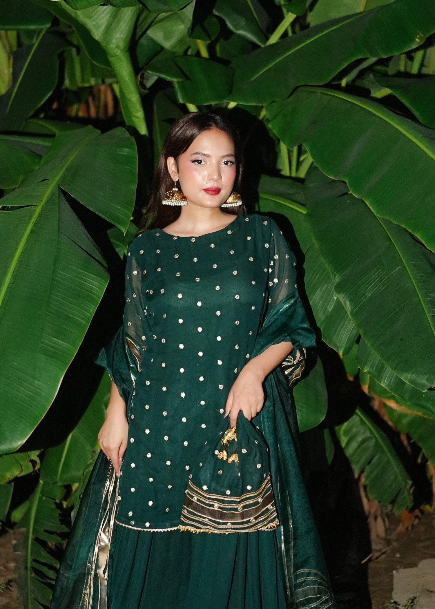 bemberg crinkle chiffon Sharara in Dark green