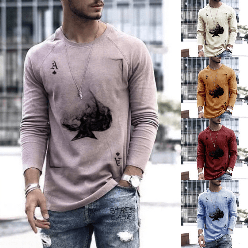 Fashion Poker Printed Top Men'S round Neck Long Sleeve