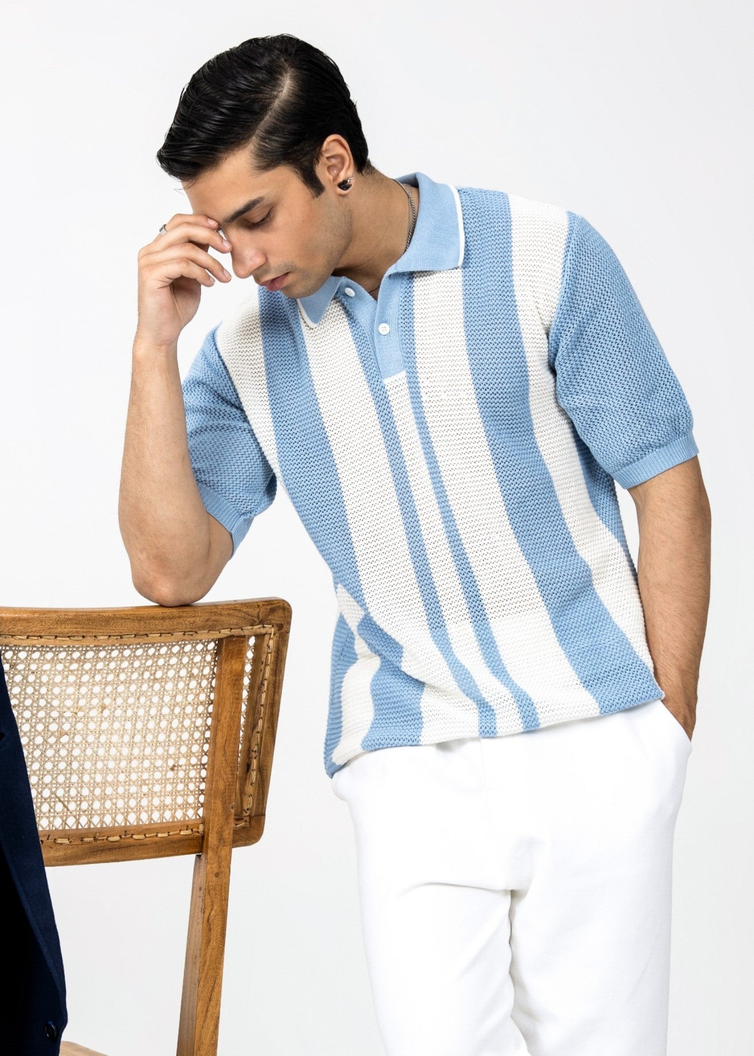 jersey knit Polo Shirt in White, sky