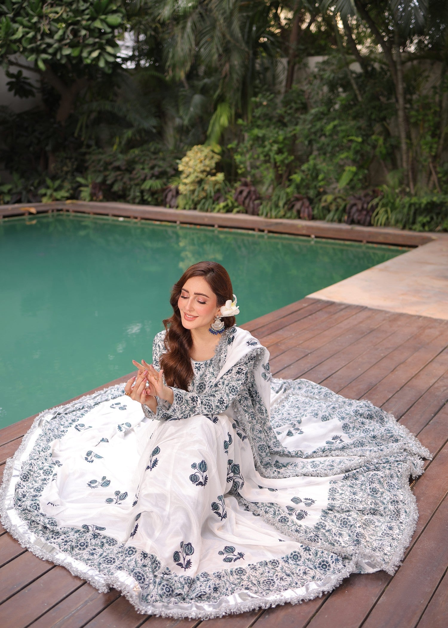 korean raw silk Pishwas in White, navy blue