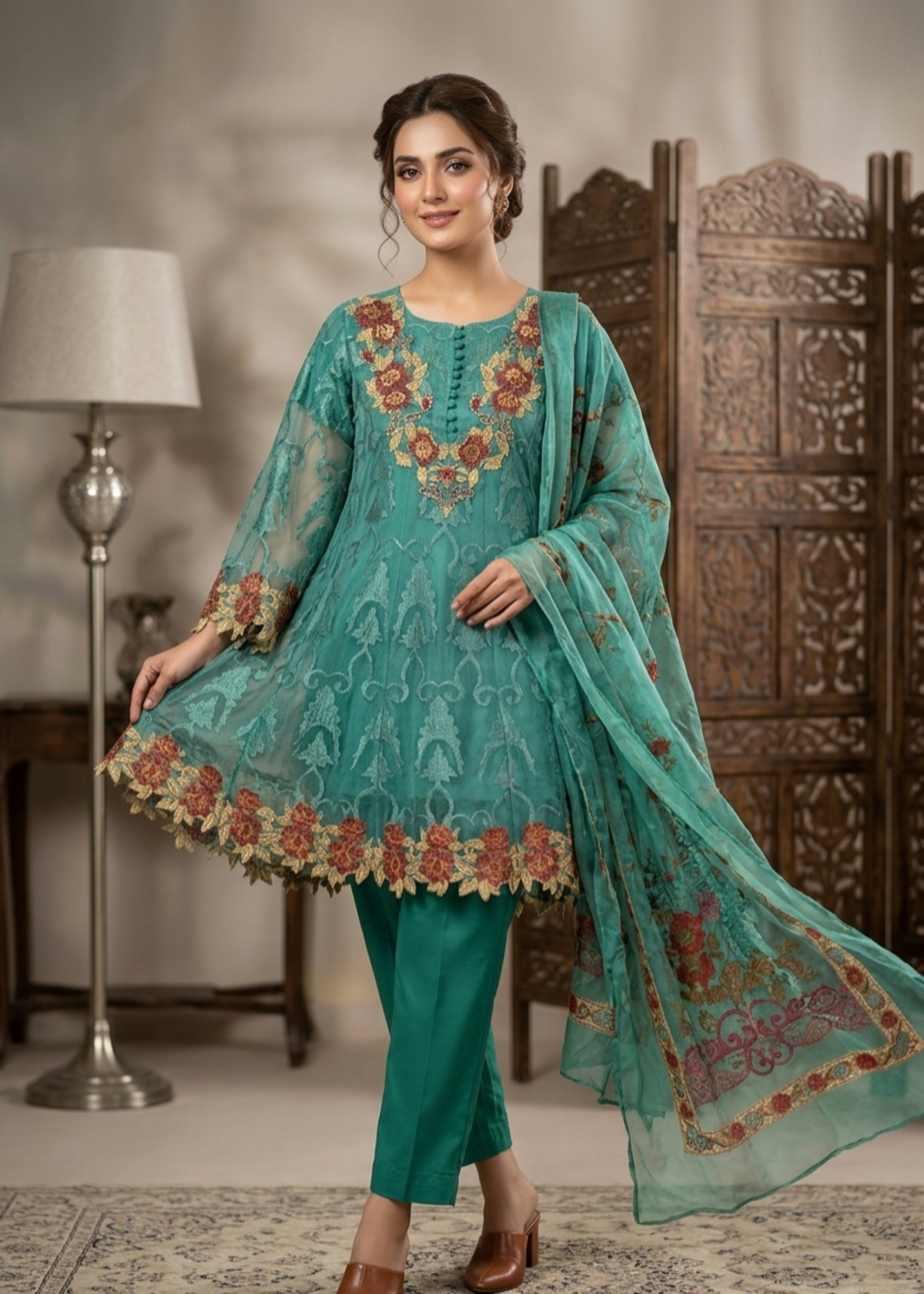 organza Short Frock in Sea green