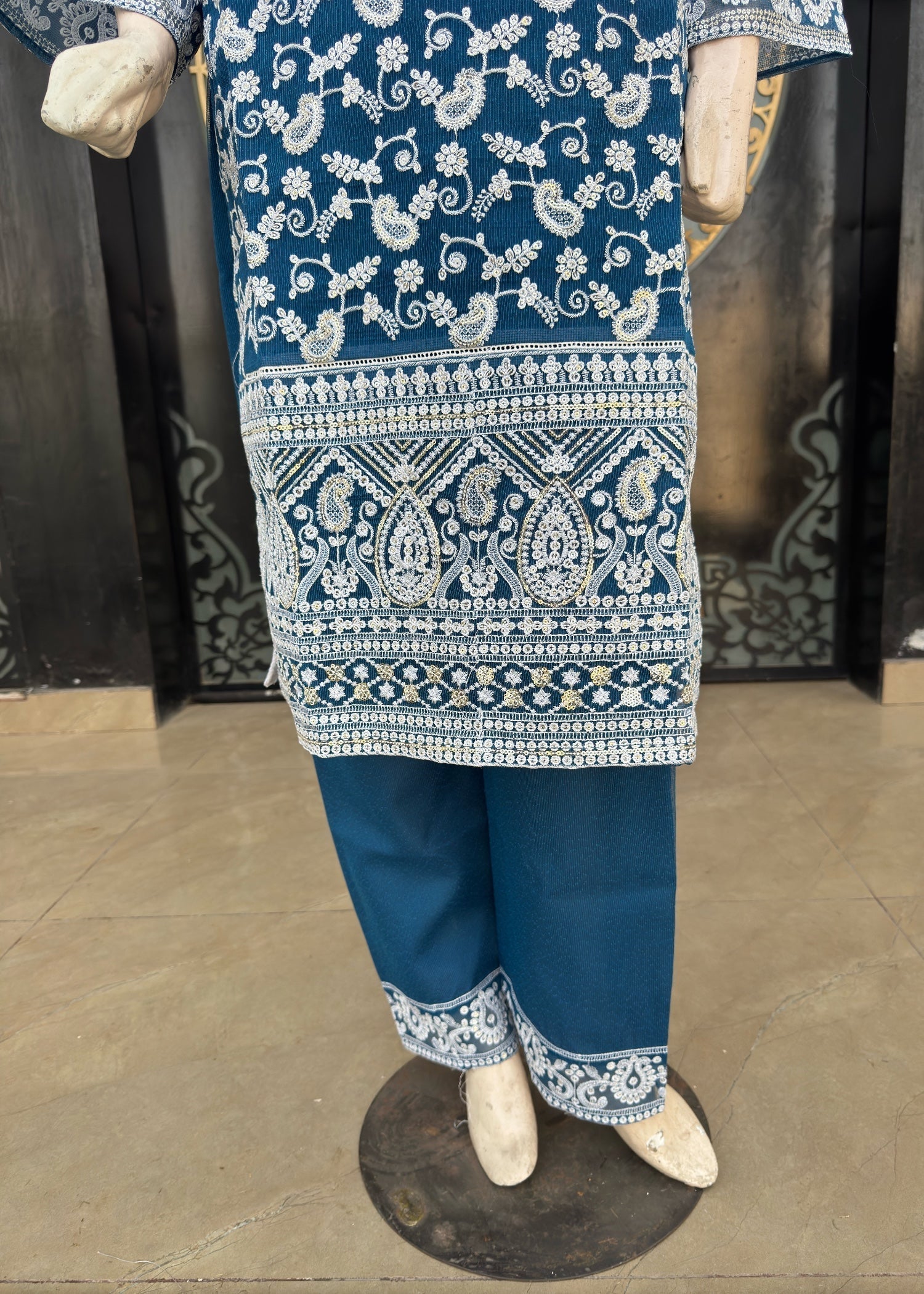 khaddi net Kurta Set in Teal