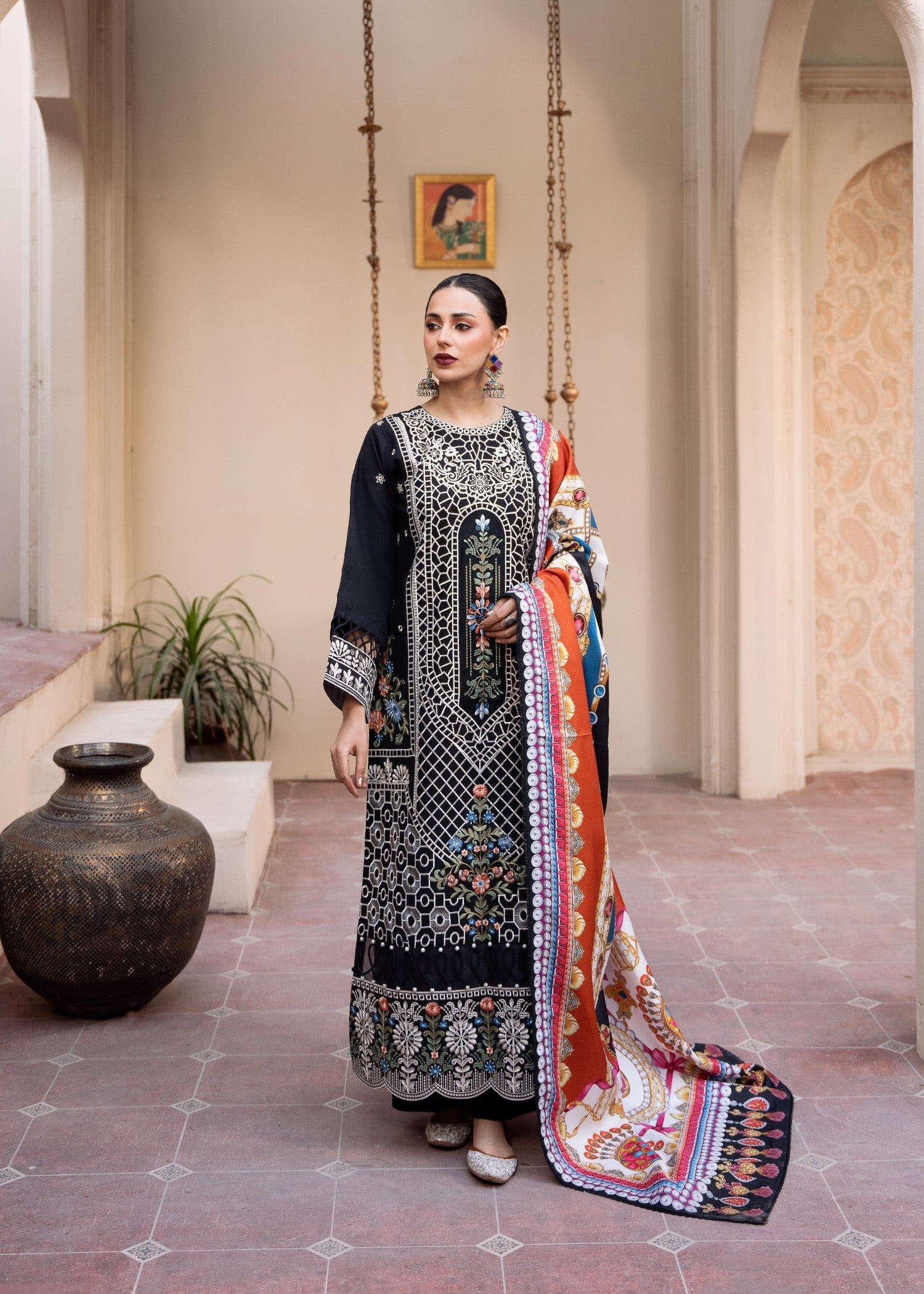 slub khaddar Kurta Set in Black