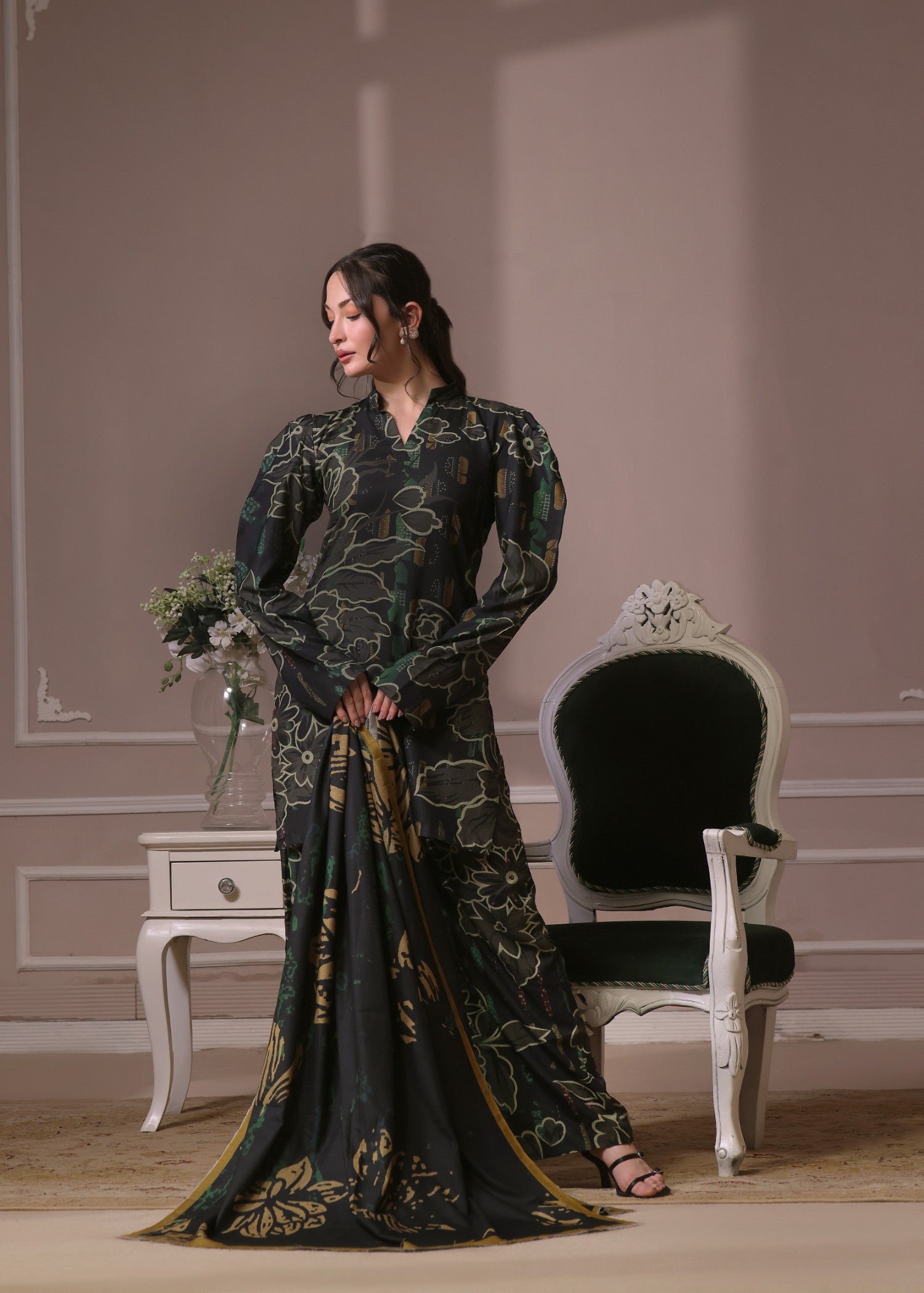 twill khaddar Kurta Set in Jet black