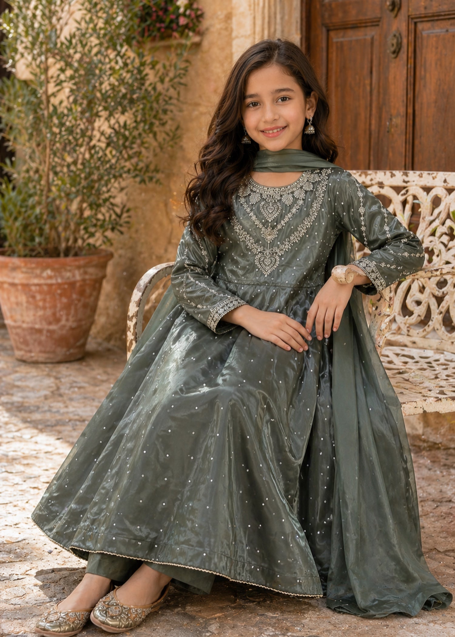 silk Pishwas in Dark grey