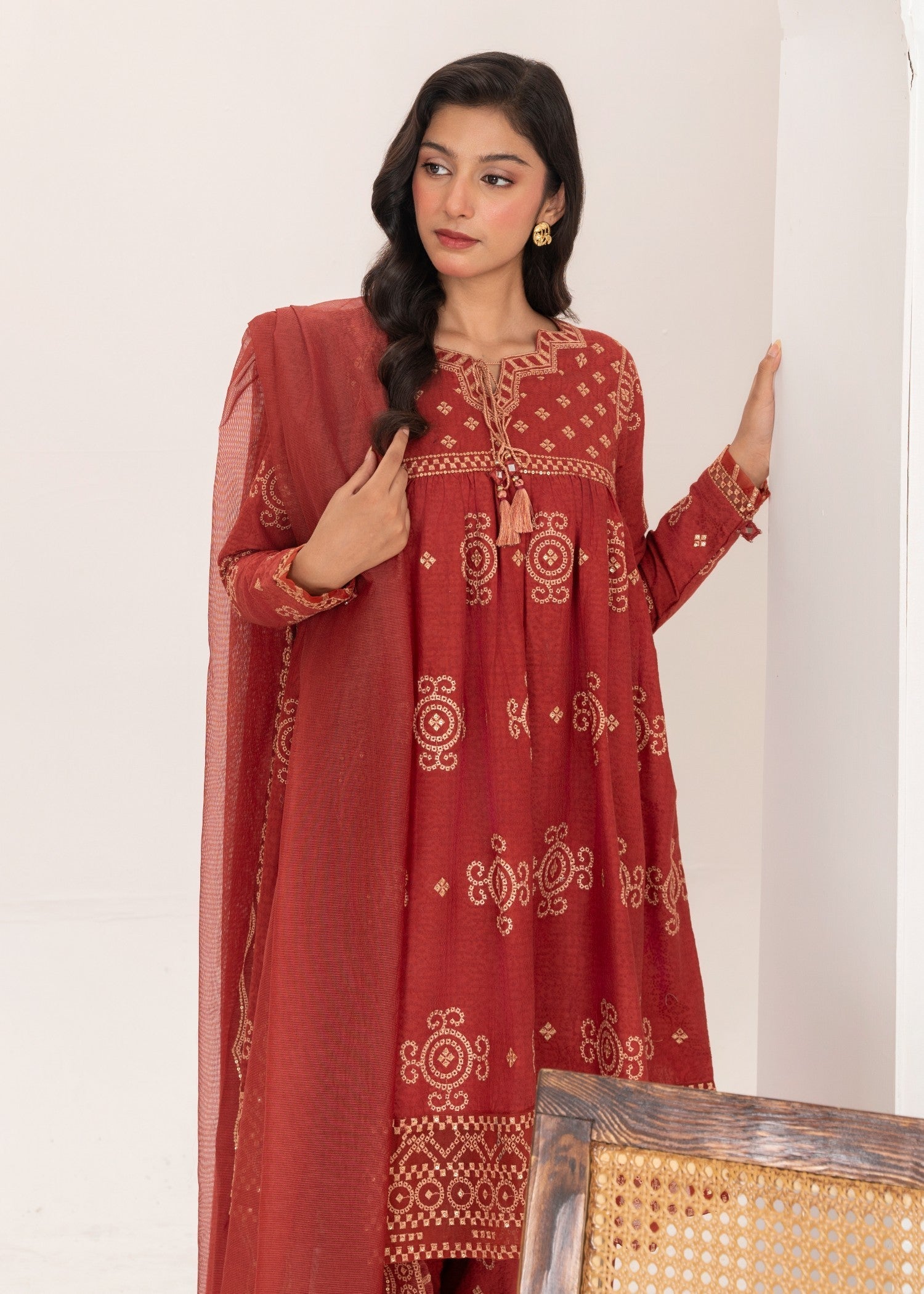 cotton Short Frock in Chili red