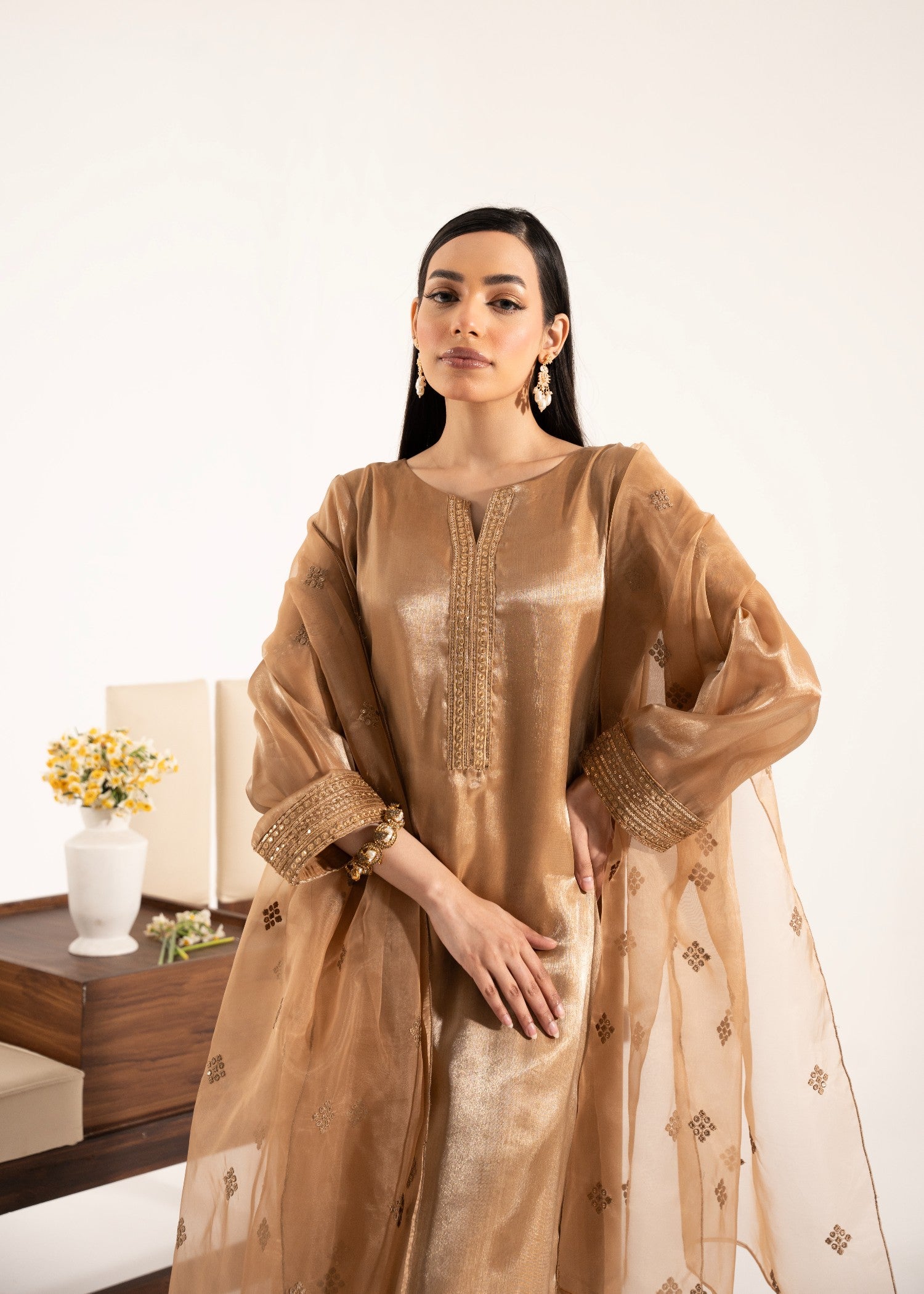 silk tissue Kurta Set in Gold
