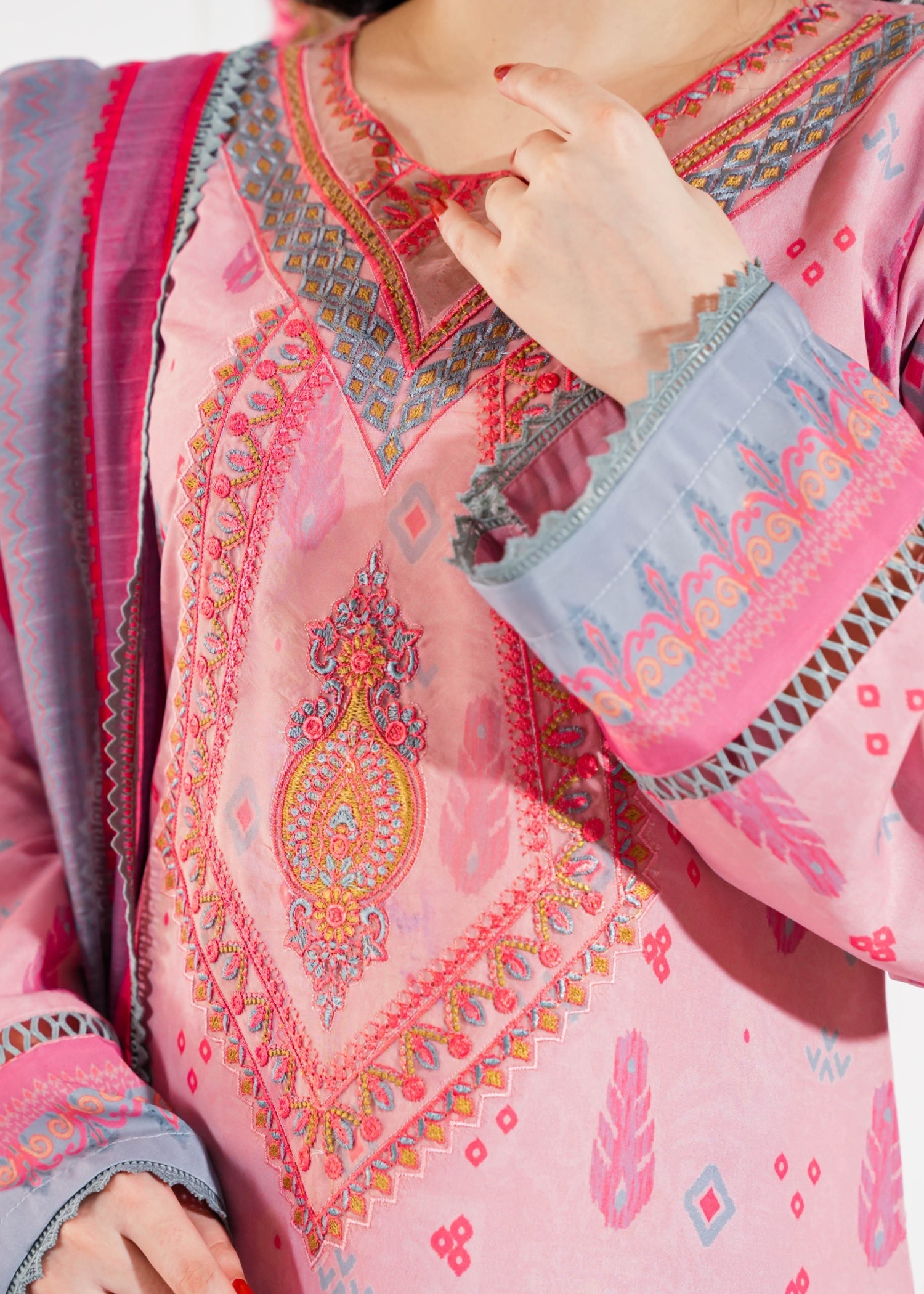 slub cambric Kurta Set in Pink