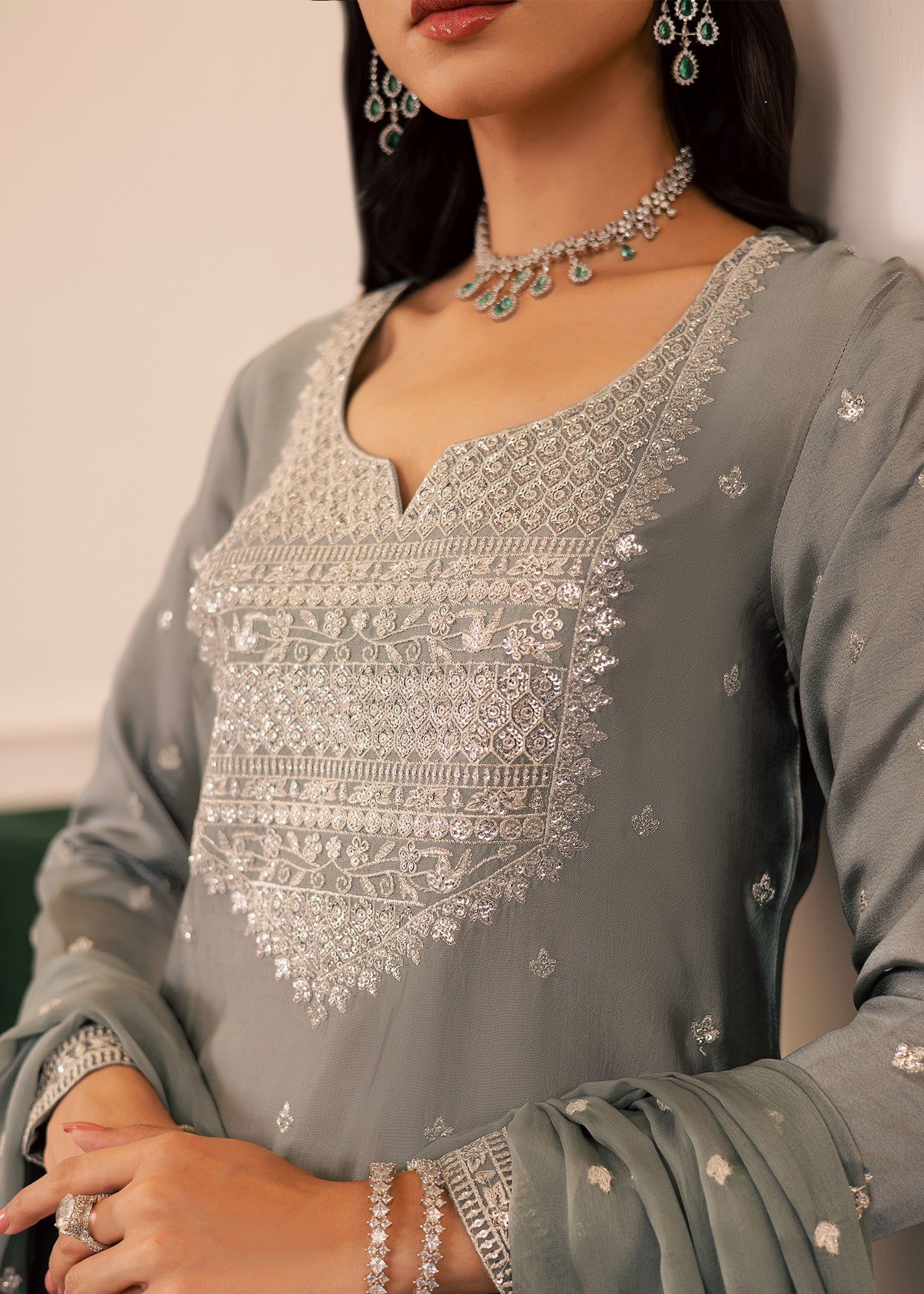 thai silk Kurta Set in Ash grey